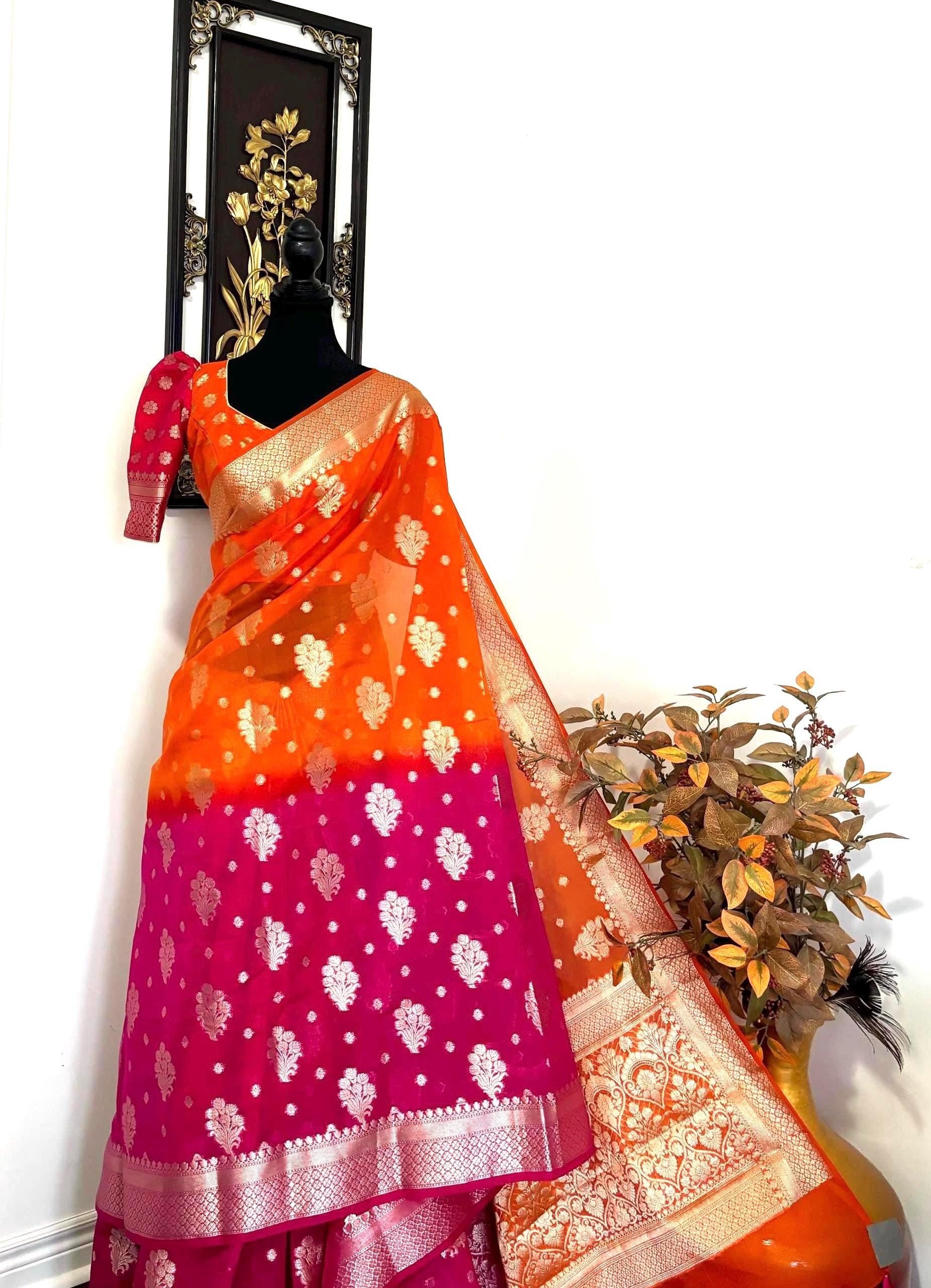 Beautiful Banarasi Dual shade  handloom khadi georgette silk saree all over beautiful water zari weaving work all over  32-46 Ready Blouse