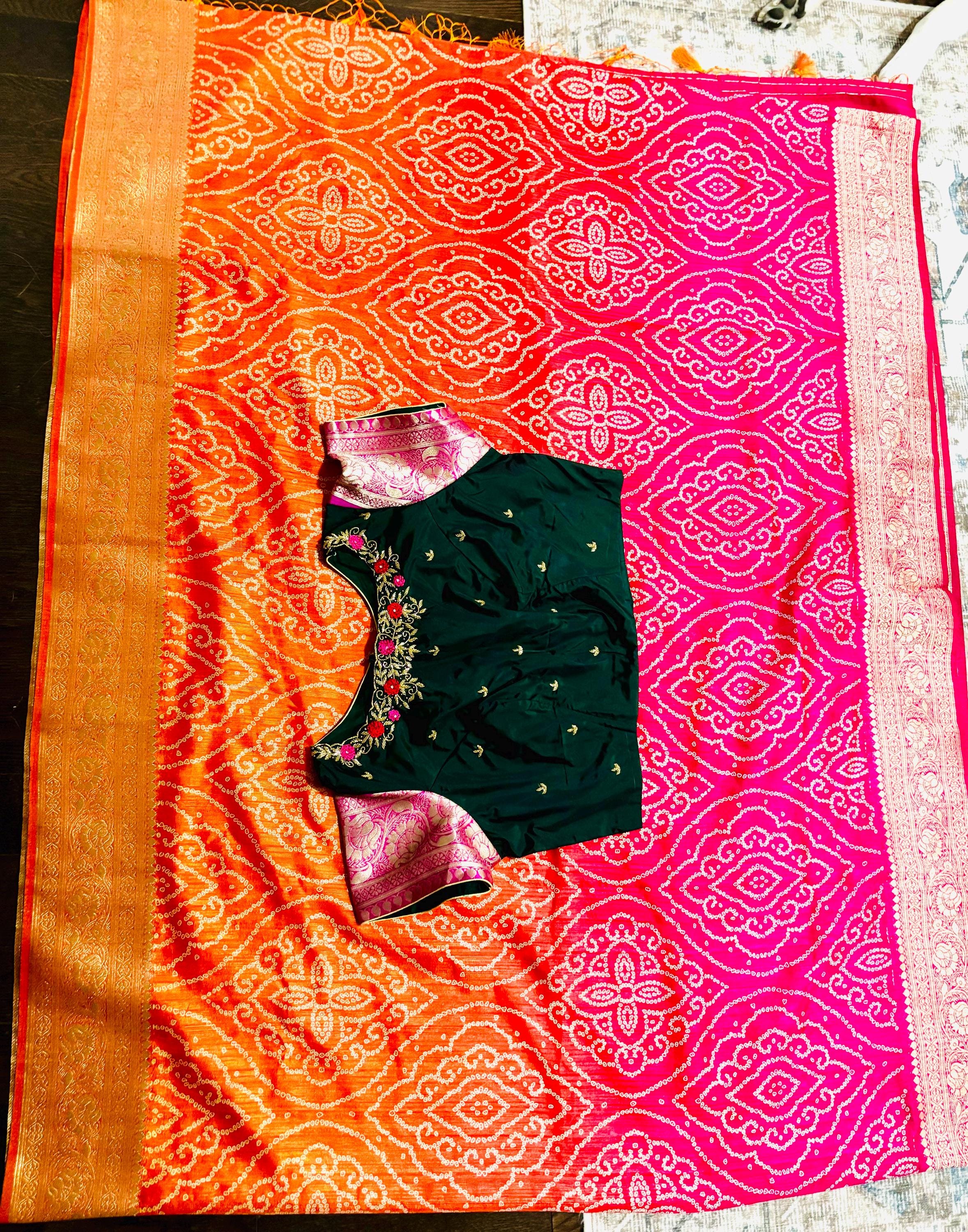 Beautiful cocktail dual shade banarasi  bandhini silk saree paired up pretty maggam blouse fits  sizes 32 -46 ready to wear prettiest blouse
