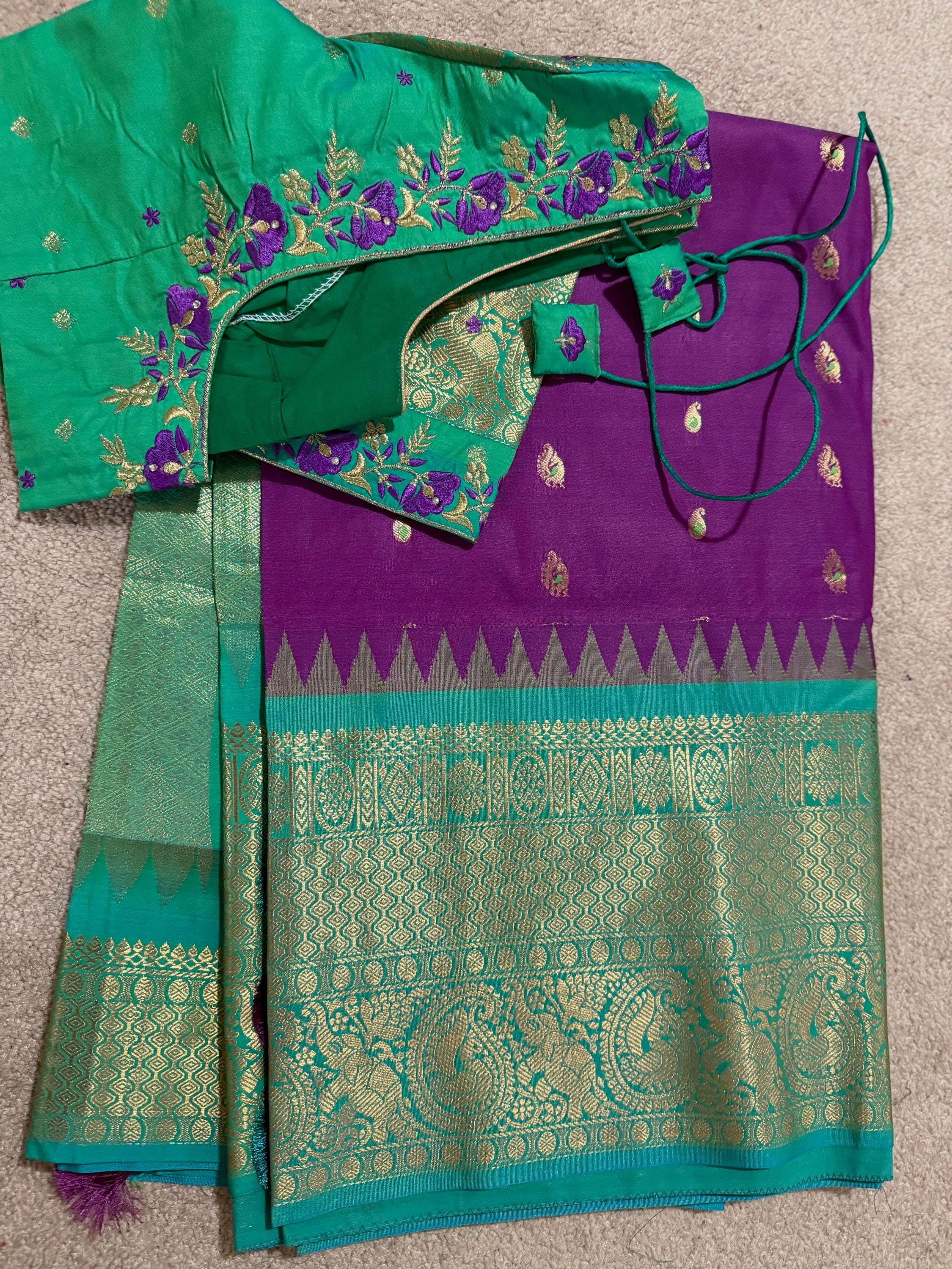 Gadwal Handloom pure silk sarees in rare colors and ready to wear blouse with embroidered blouse fits up to 32 -46 saree is ready fall pico