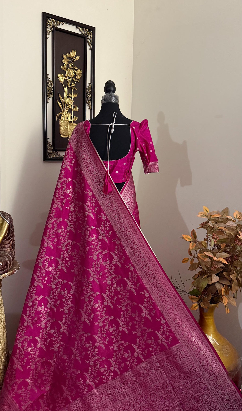 Beautiful banarasi saree with silver Zari weaving all over the saree paired up with pretty ready to wear  blouse that fits to 32 to 46