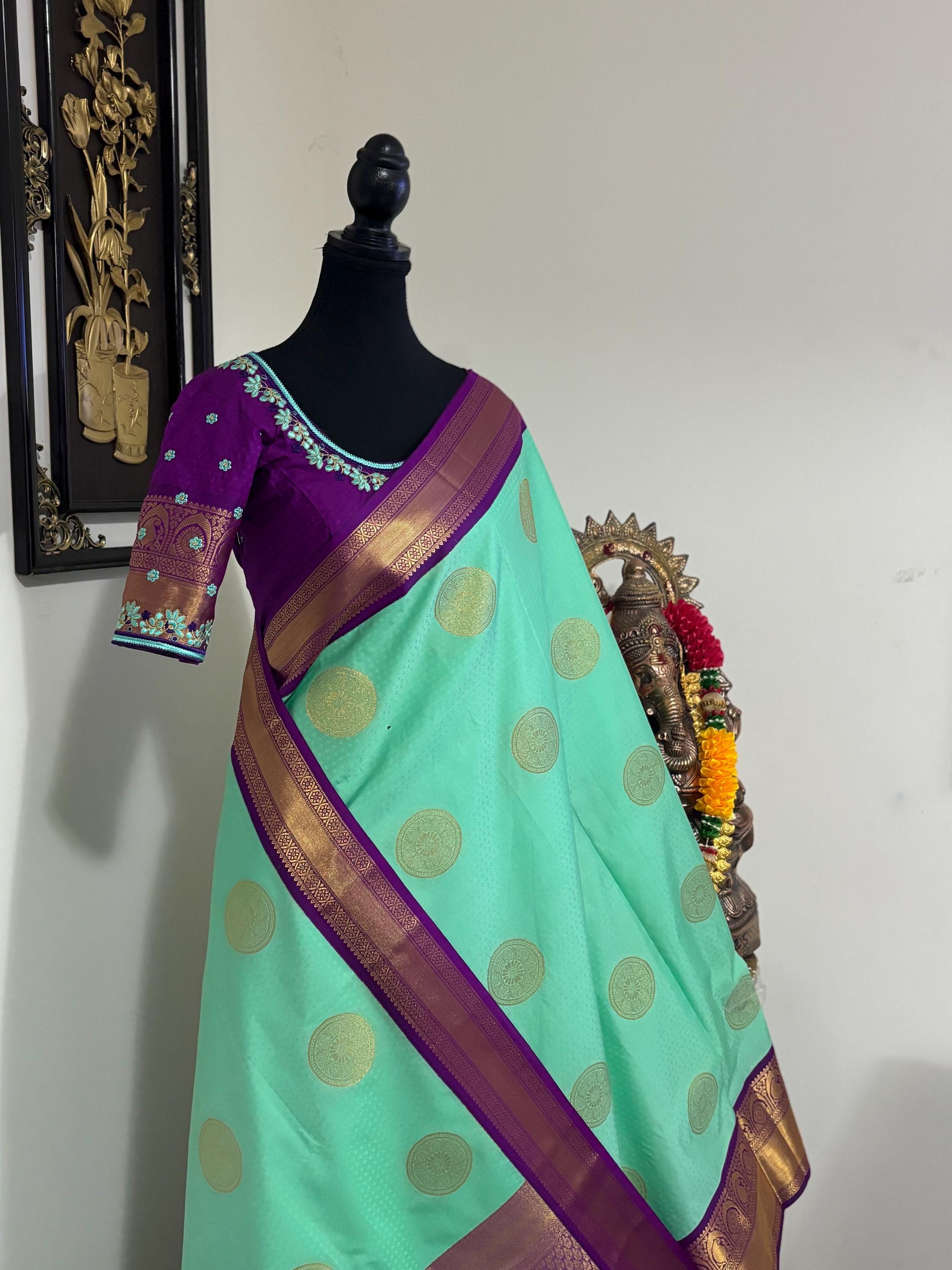 Kanchipuram soft silk saree in rare colors with beautifully done hand  made embroidered blouse with ready to wear work blouse fits 32 to 46