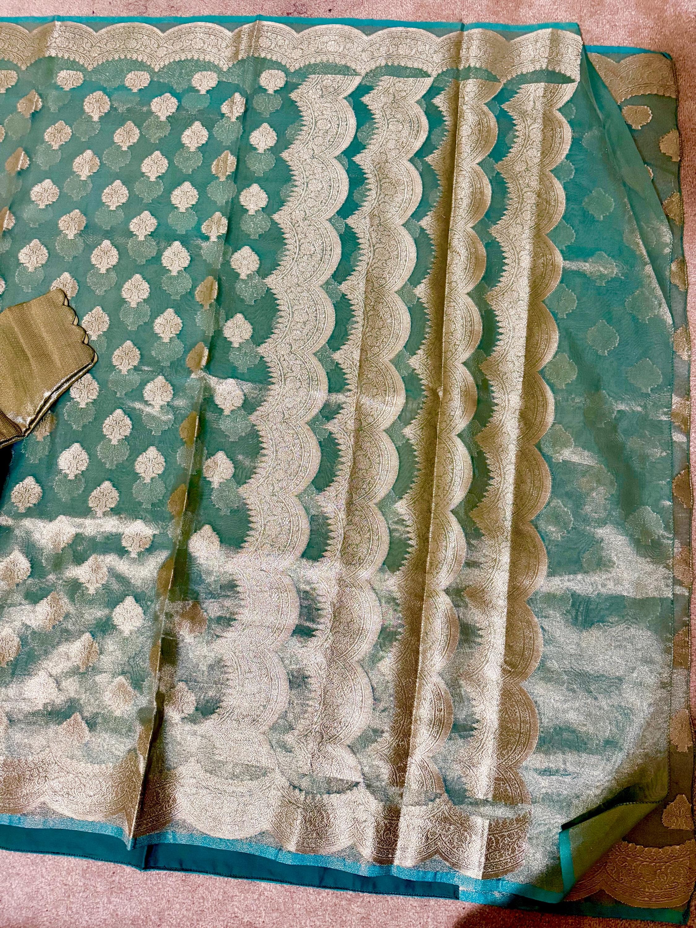 Beautiful party wear cocktail pure silk  banarasi  tissue  saree paired up with pretty designer Blouse fits 32-46
