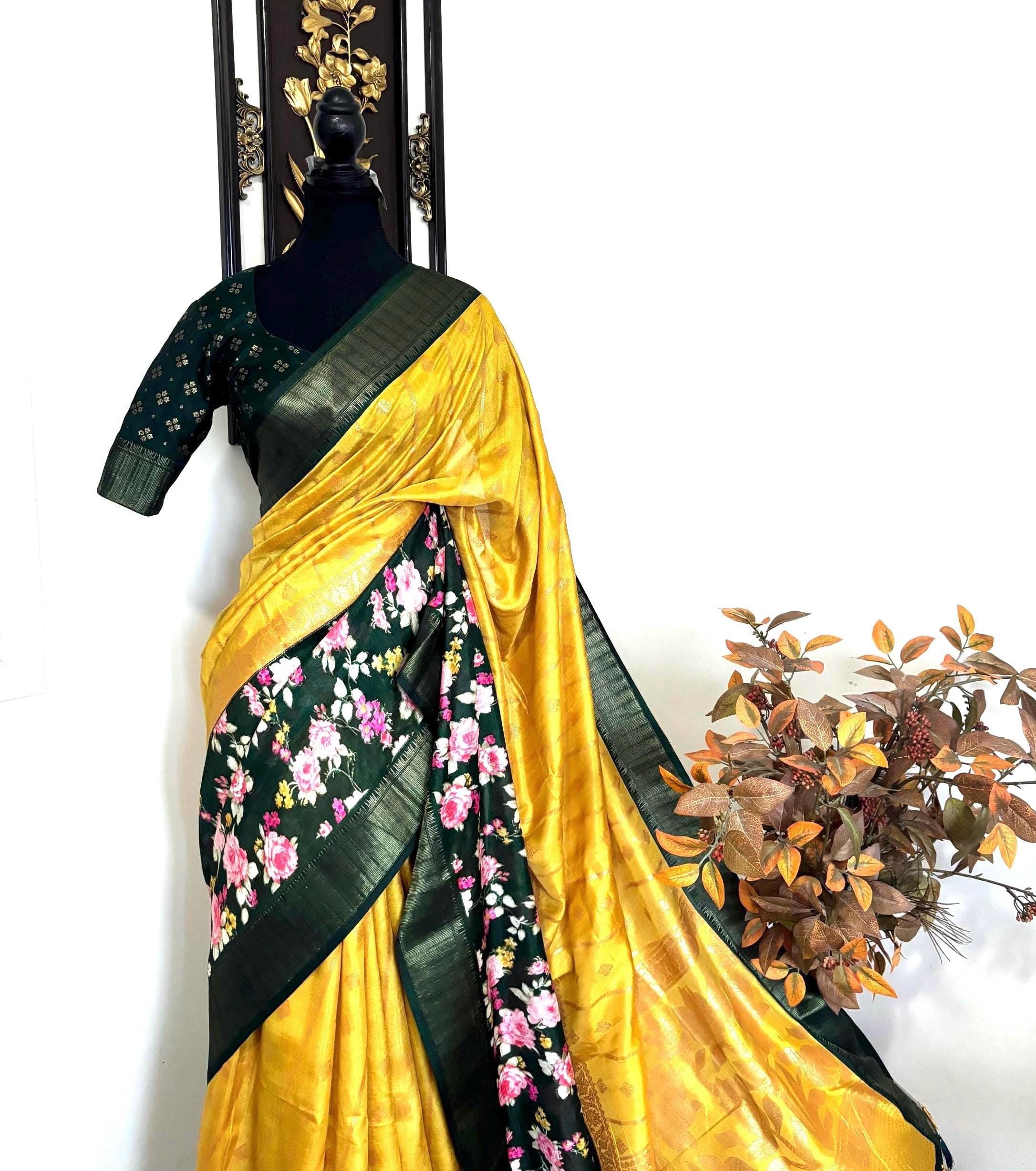 Light weight easy to drape Soft Silk fancy Saree; with beautiful pythani boarder, with Pochampalli design ready to wear Blouse fits 32-46