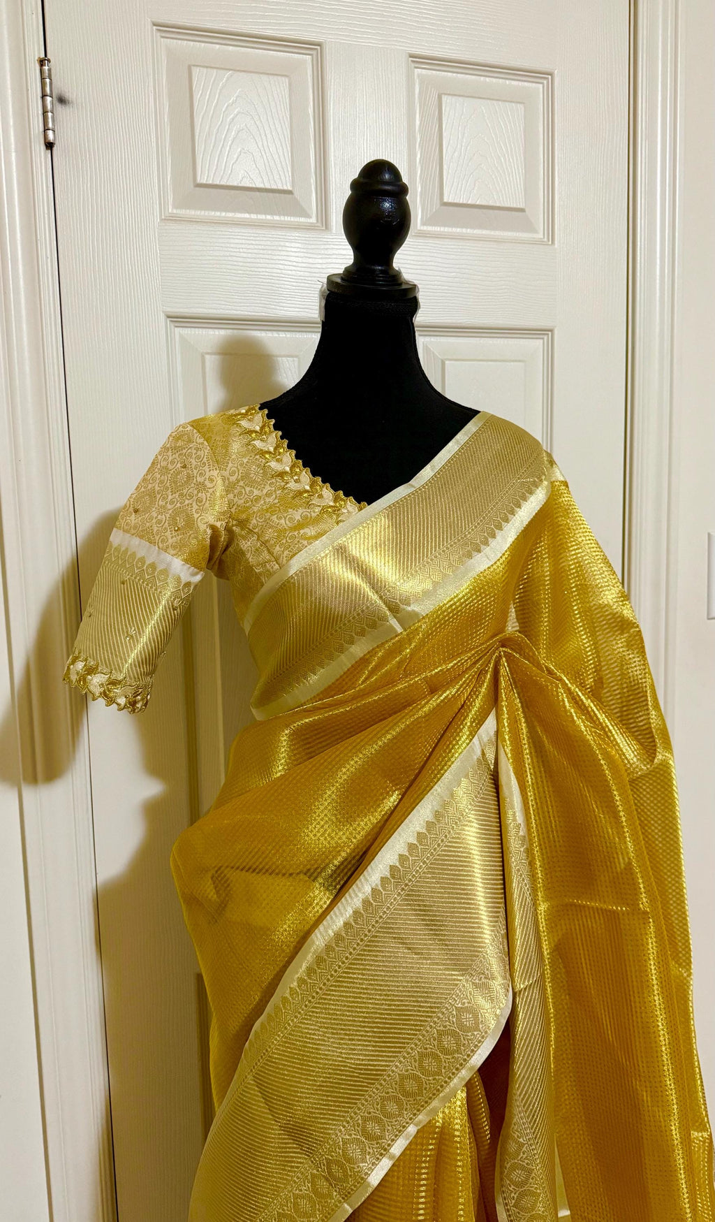 Bangalore silk golden saree with self weaving zari lines on all over with beautifully done work blouse fits 32 to 46