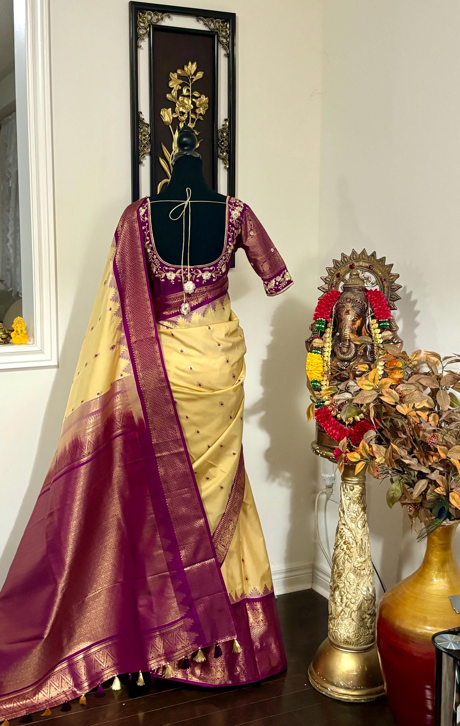 Gadwal Handloom pure silk sarees in rare colors and ready to wear blouse with embroidered blouse fits up to 32 -46 saree is ready fall pico