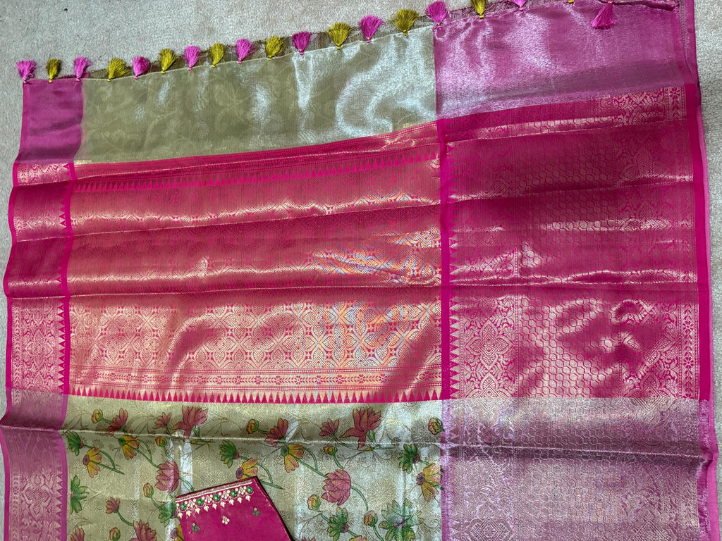 Kanchipuram kalamkari   soft silk saree in rare colors with beautifull embroidered blouse with ready to wear work blouse fits 32 to 46