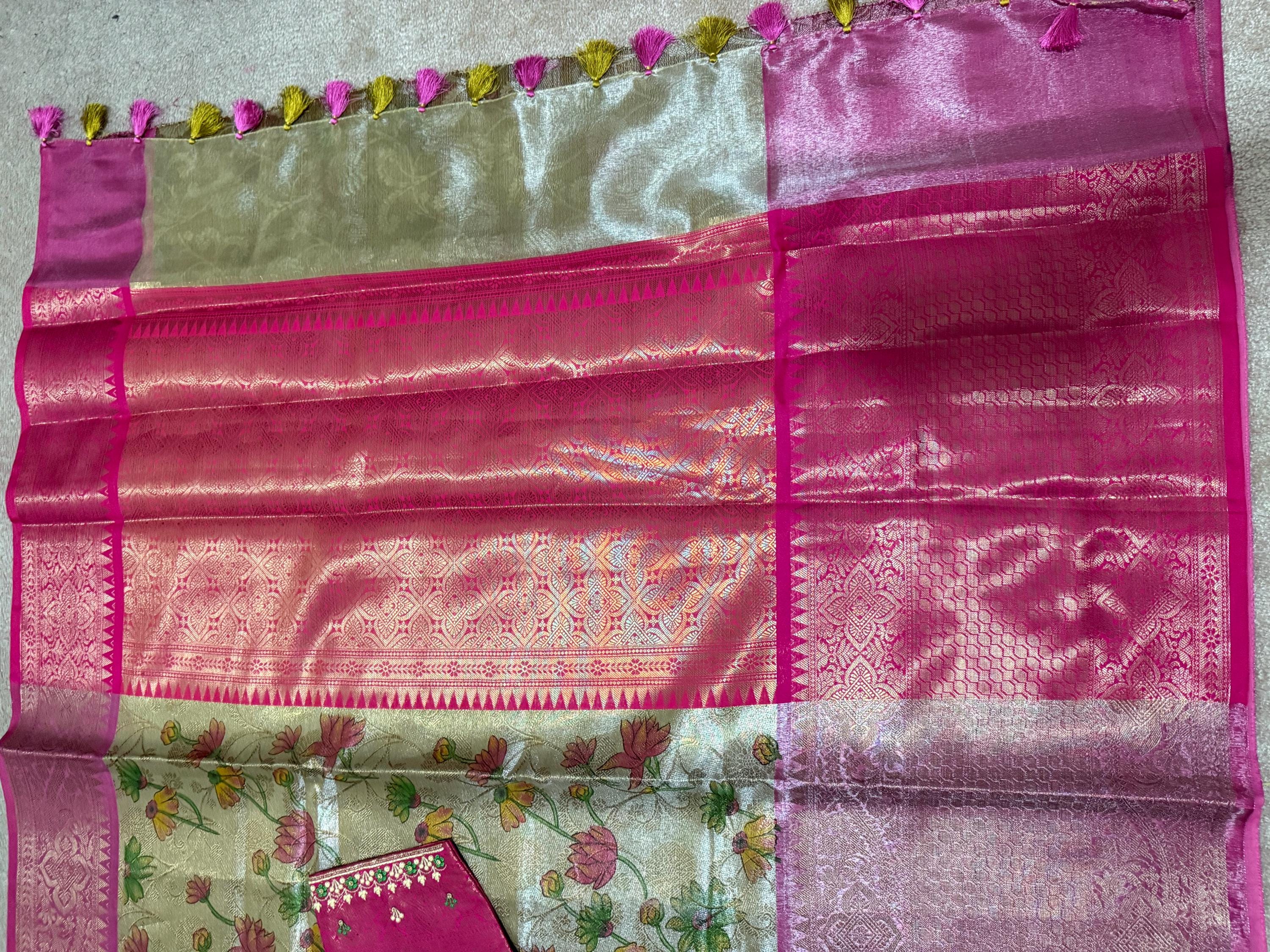 Kanchipuram kalamkari   soft silk saree in rare colors with beautifull embroidered blouse with ready to wear work blouse fits 32 to 46