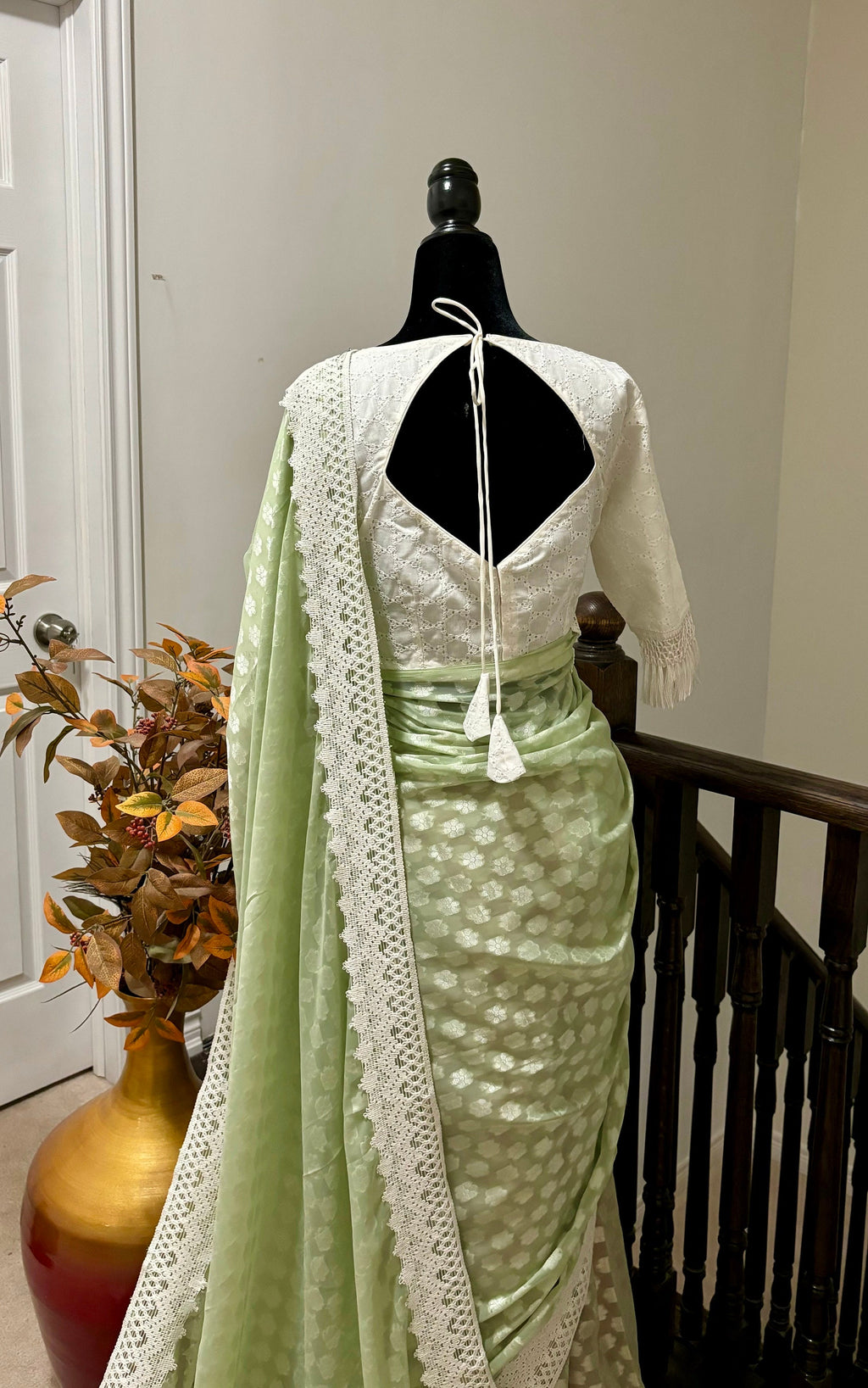 Beautiful soft falling  georgette on  sabyasachi  lace borders unique,  eye cooling pestal shades. Ready to wear designer blouse fits 32-44