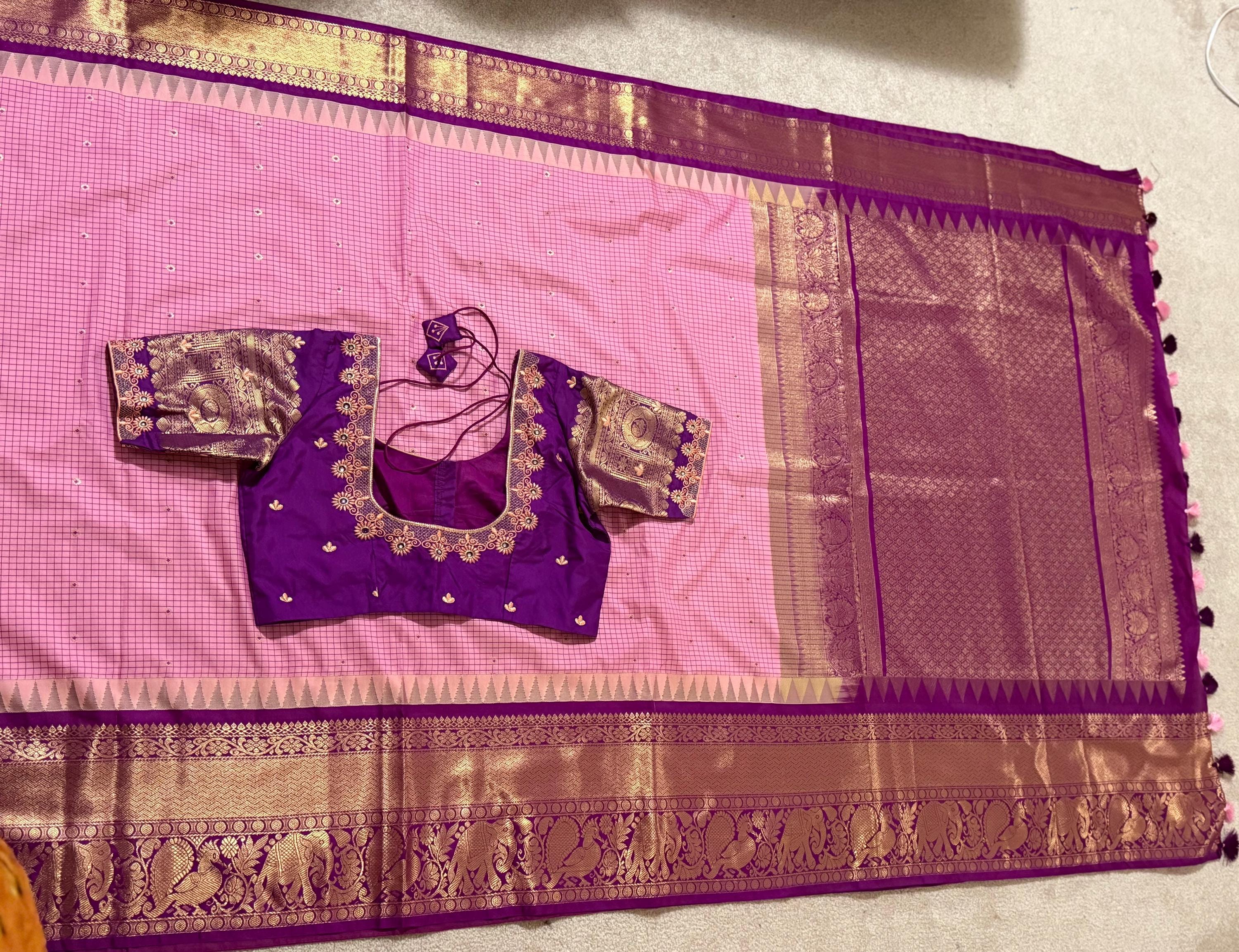 Gadwal Handloom pure silk sarees in rare colors and ready to wear blouse with embroidered blouse fits up to 32 -46 saree is ready fall pico