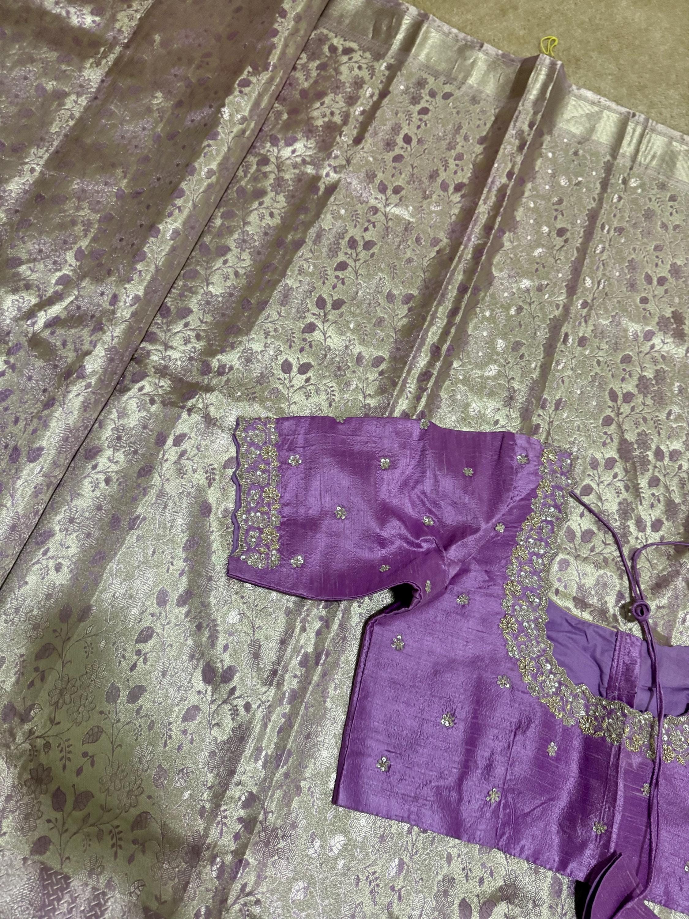 Kanchipuram tissu silk saree in rare colors with beautifully done hand  made embroidered blouse with ready to wear work blouse fits 32 to 46