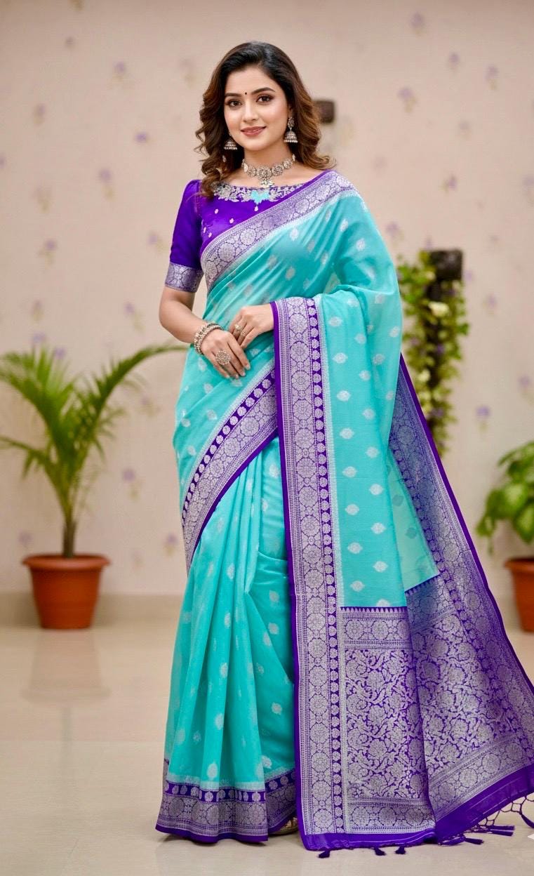 Handloom  banarasi kattan saree paired up with pretty maggam work blouse. ready to wear maggam blouse fits to 32-46 swipe left choose color