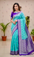 Handloom  banarasi kattan saree paired up with pretty maggam work blouse. ready to wear maggam blouse fits to 32-46 swipe left choose color