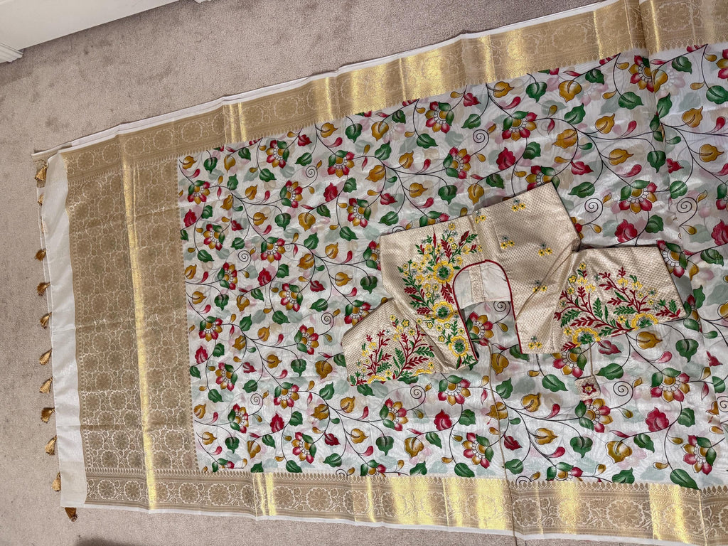 Beautiful soft cream color mango silk saeee with kalamkari saree along with embroided blouse ready to wear