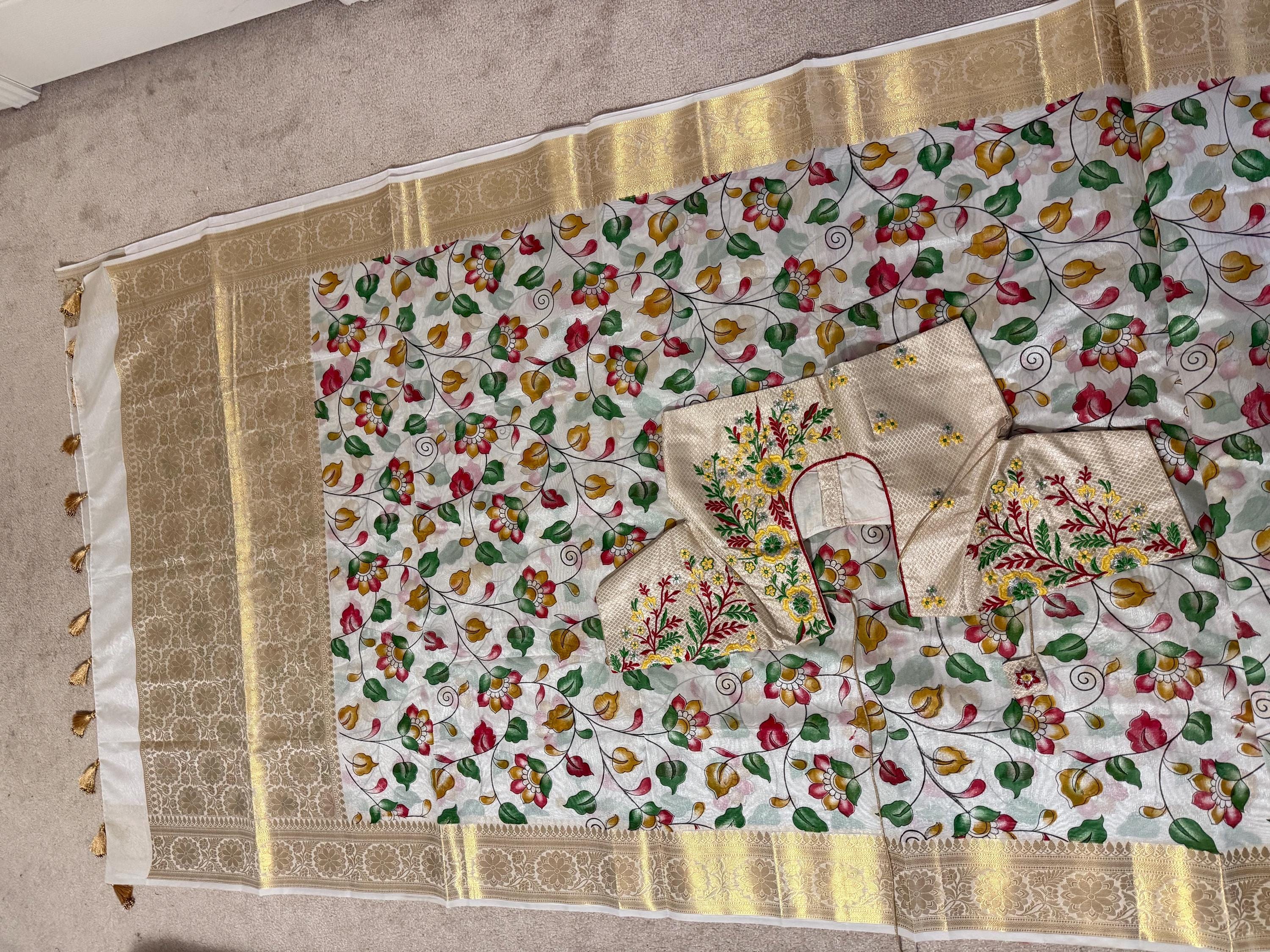 Beautiful soft cream color mango silk saeee with kalamkari saree along with embroided blouse ready to wear