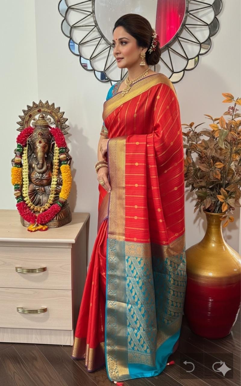 Kanchipuram soft silk saree in rarecolors with beautifully done hand  made embroidered blouse with readytowear work blouse fitsup to32 to 46