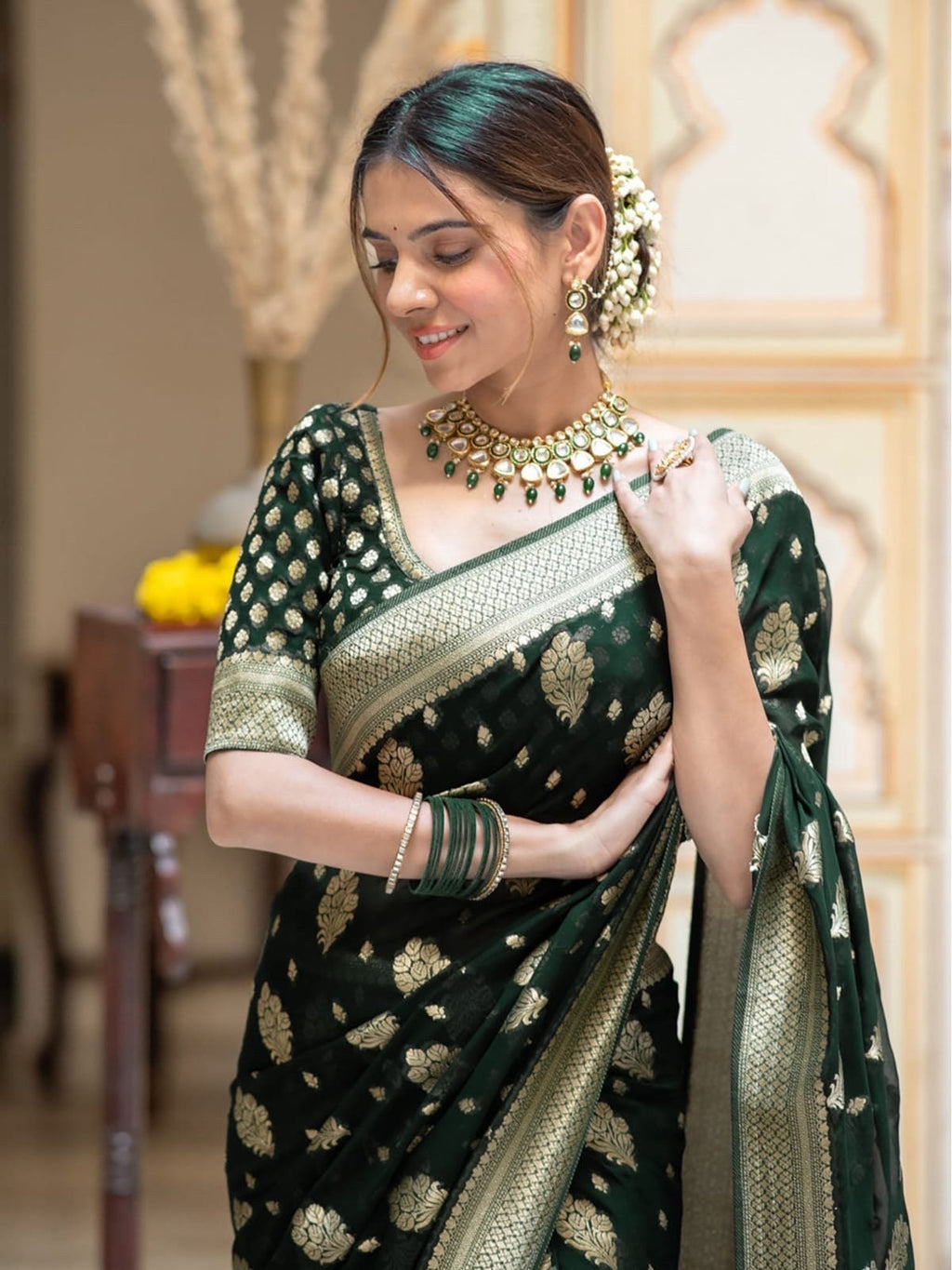 Banarasi handloom khadi georgette soft and falling saree all over beautiful water zari weaving work Any color possible ready to wear blouse