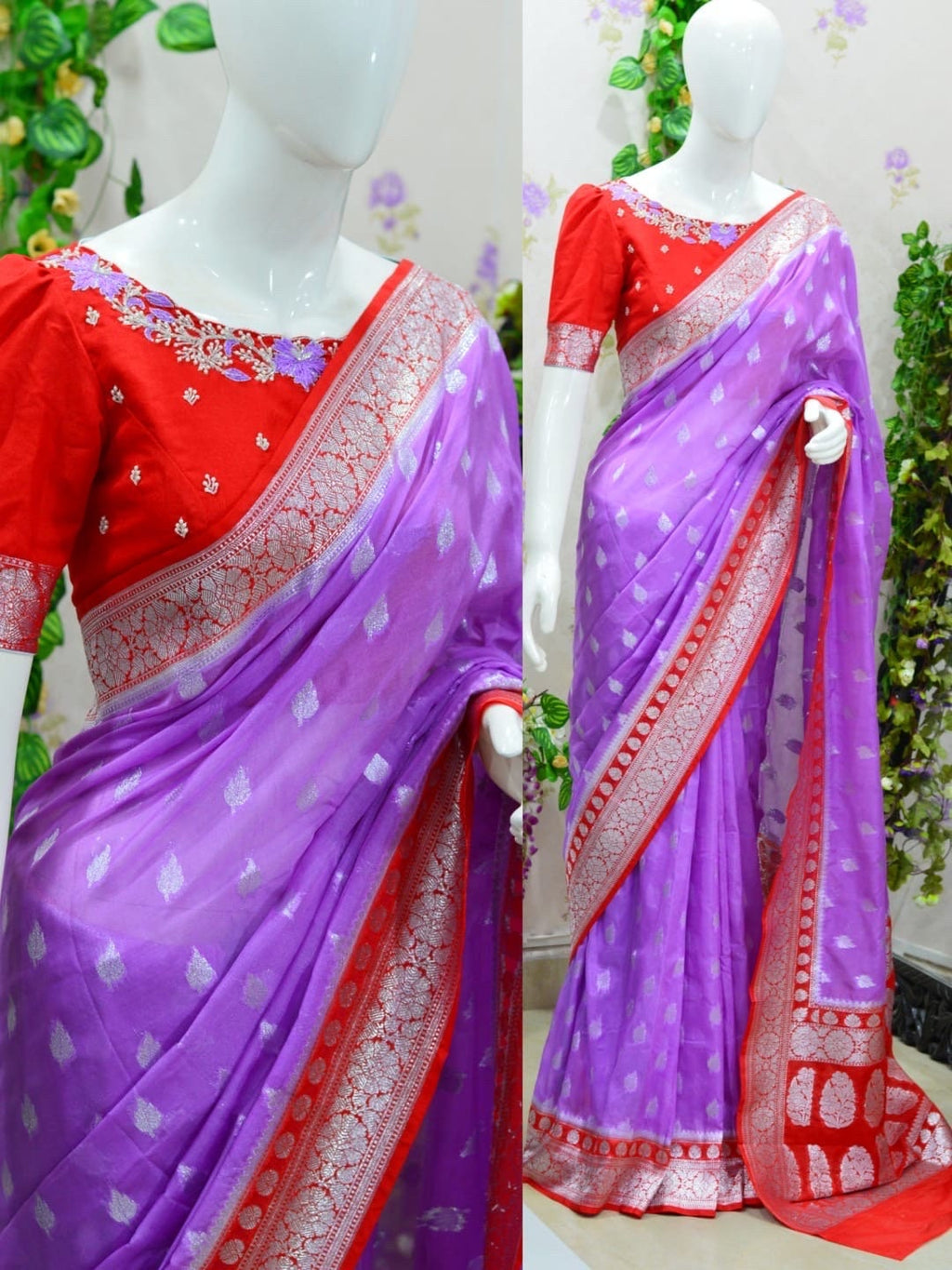 Beautiful banarasi kattan saree paired up with pretty maggam work blouse.