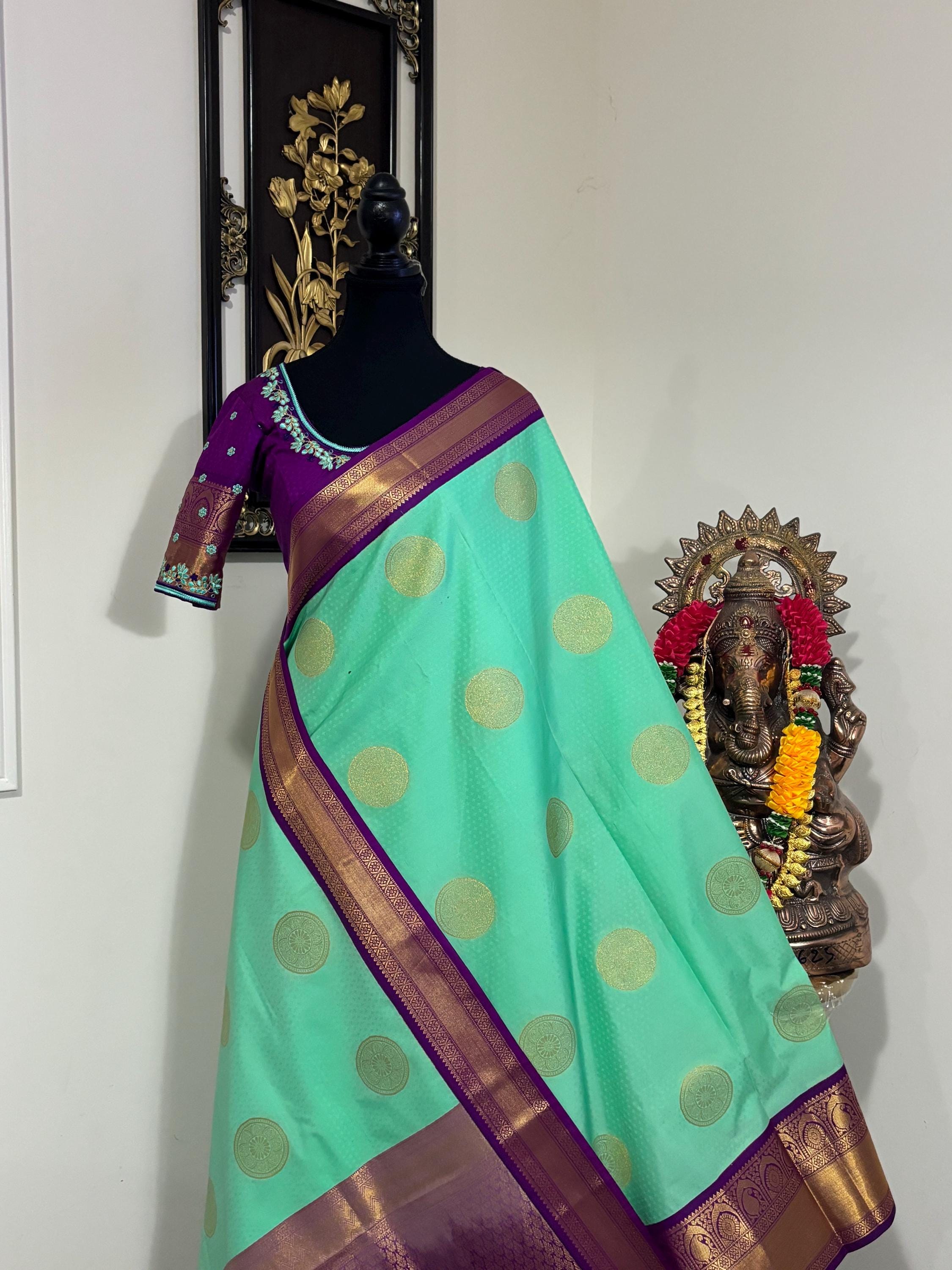 Kanchipuram soft silk saree in rare colors with beautifully done hand  made embroidered blouse with ready to wear work blouse fits 32 to 46