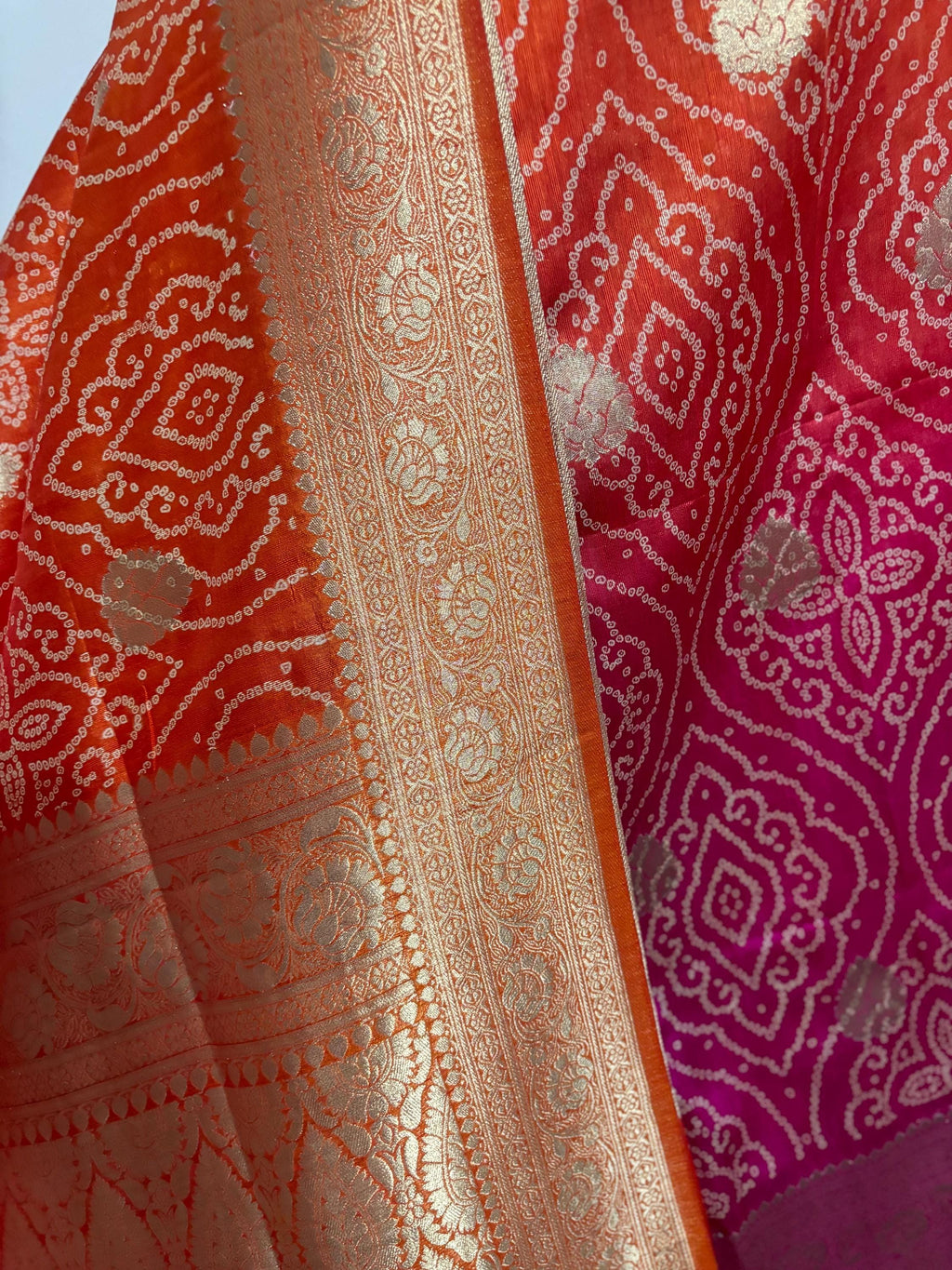 Beautiful cocktail dual shade  bandini silk saree paired up pretty maggam blouse fits  sizes 32 -46 ready to wear prettiest blouse