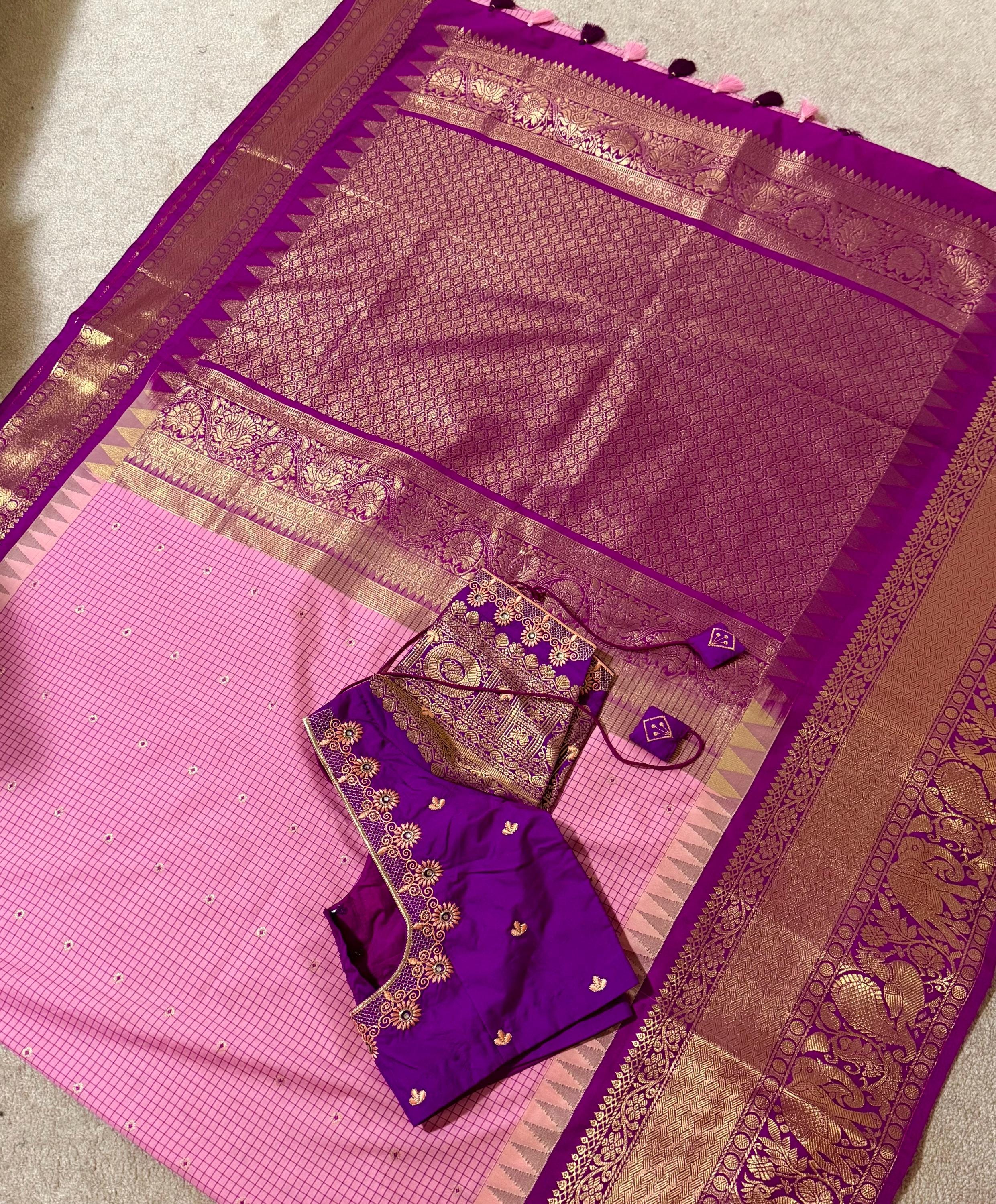Gadwal Handloom pure silk sarees in rare colors and ready to wear blouse with embroidered blouse fits up to 32 -46 saree is ready fall pico