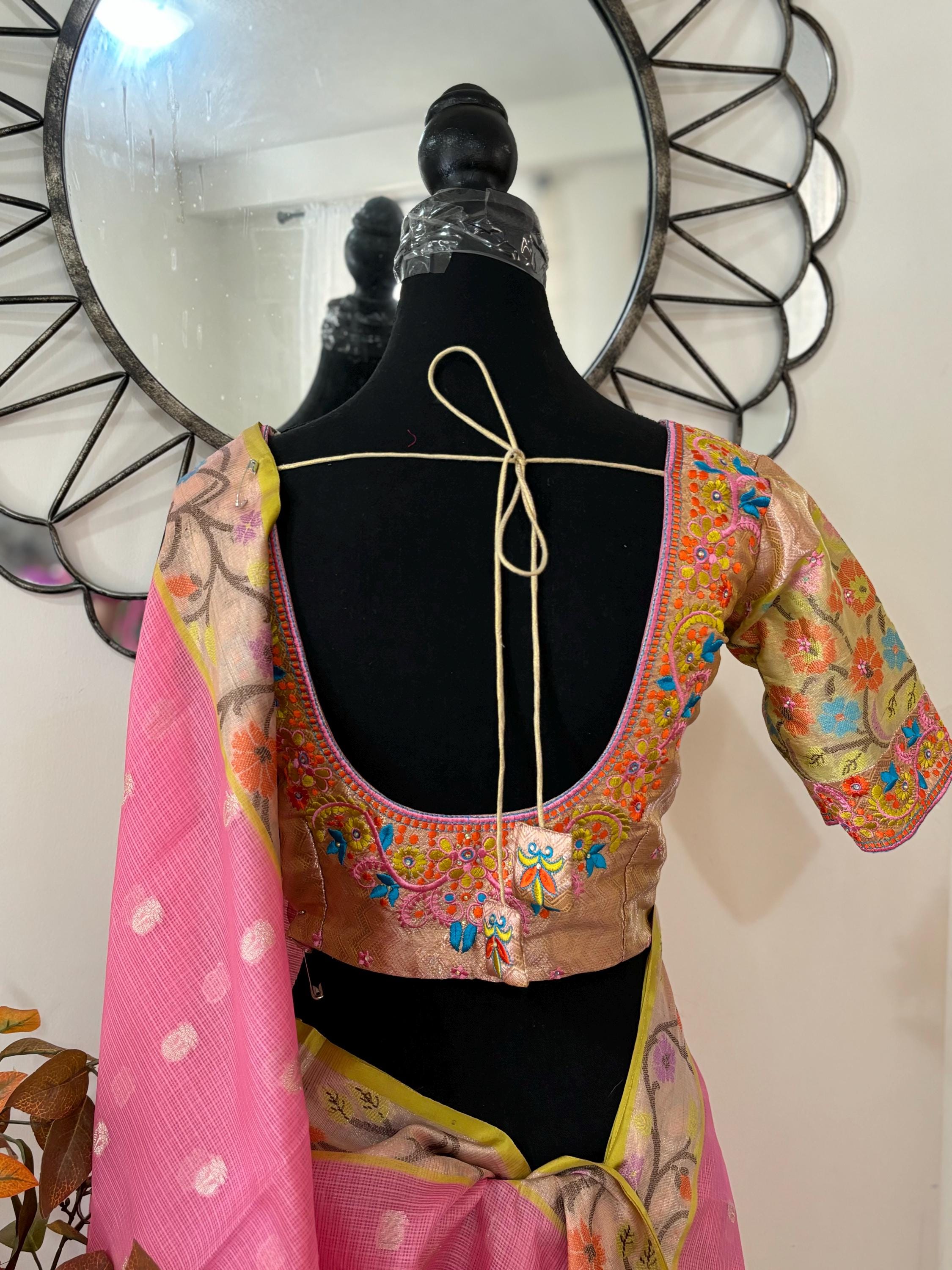 Beautiful Tissue Zari Kota saree with pythani  Zari boardes and beautifully done blouse paired up with pretty blouse fits up to 32 to 46