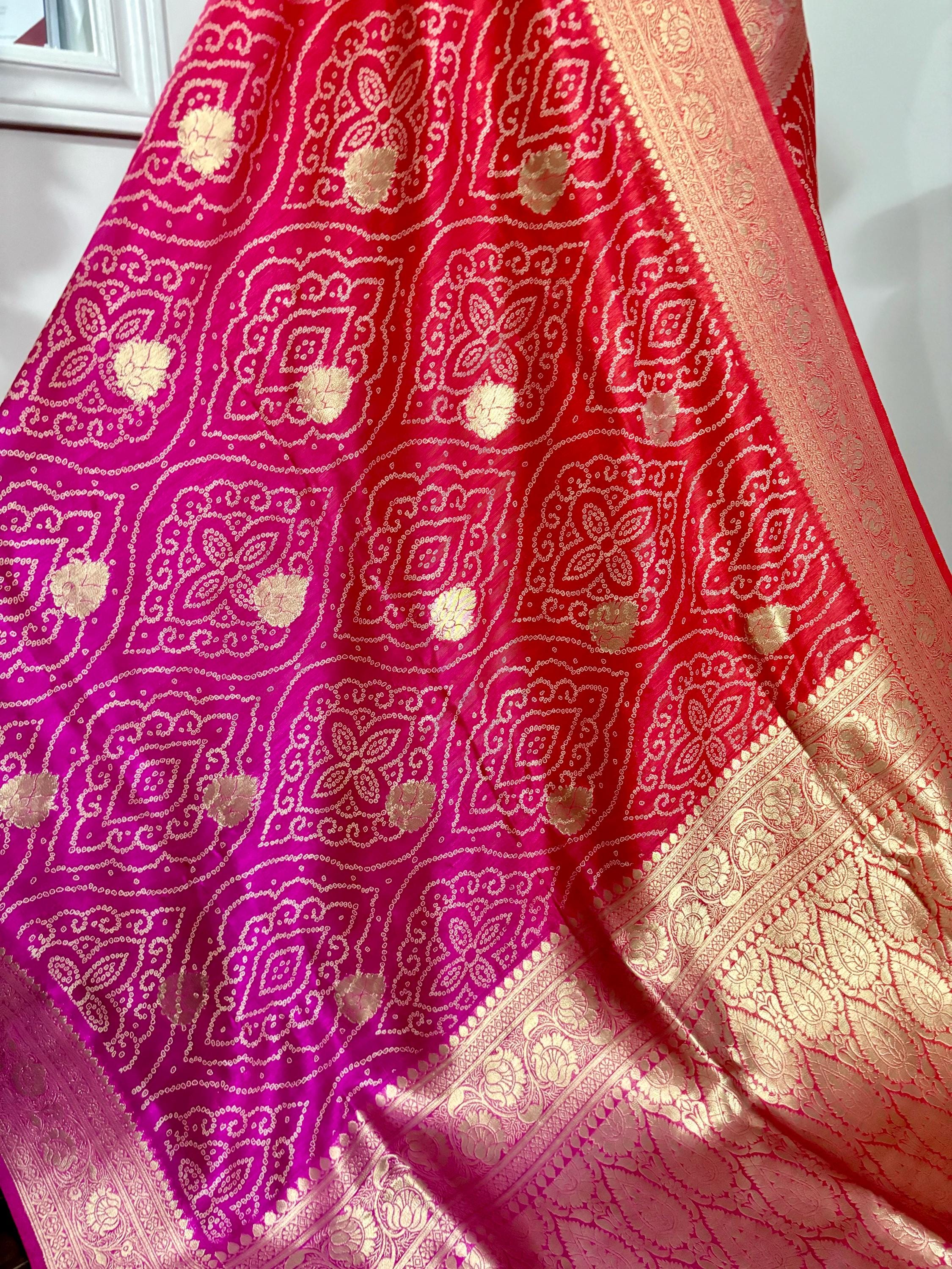 Beautiful cocktail dual shade  bandini silk saree paired up pretty maggam blouse fits  sizes 32 -46 ready to wear prettiest blouse