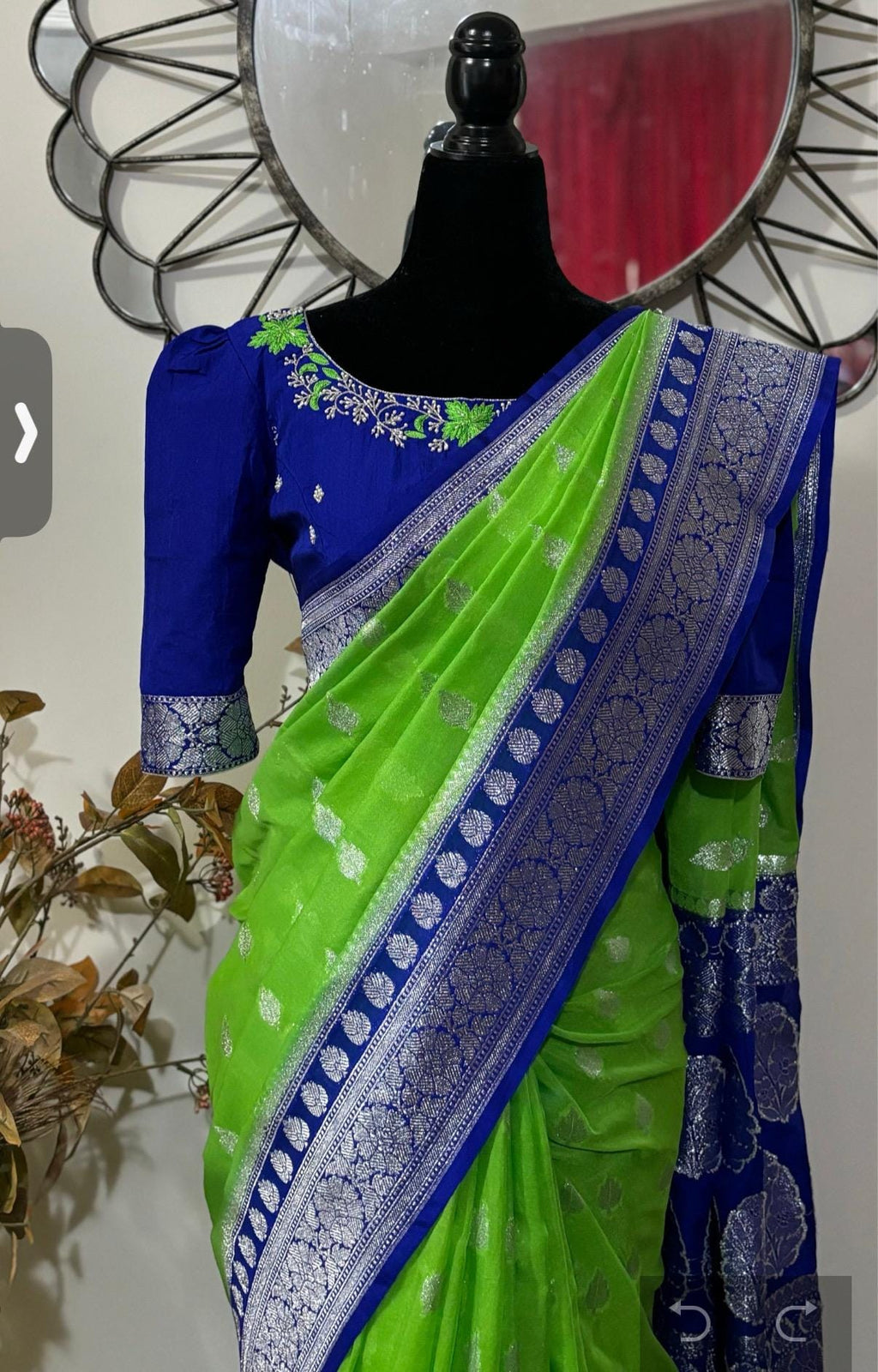 Beautiful banarasi kattan saree paired up with pretty maggam work blouse.