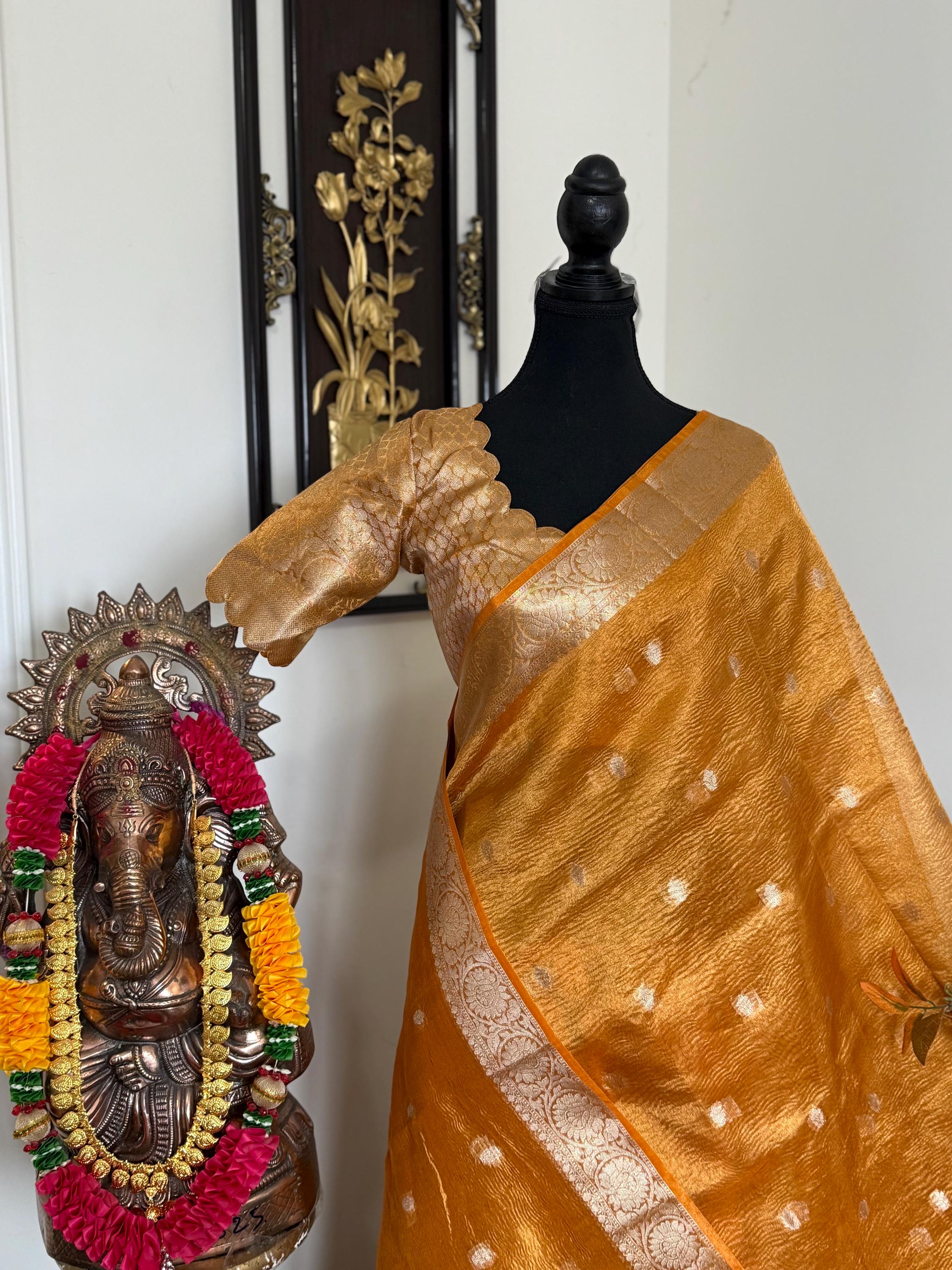 Beautiful party wear cocktail pure silk  banarasi crush tissue  saree paired up with pretty designer Blouse fits 32-46