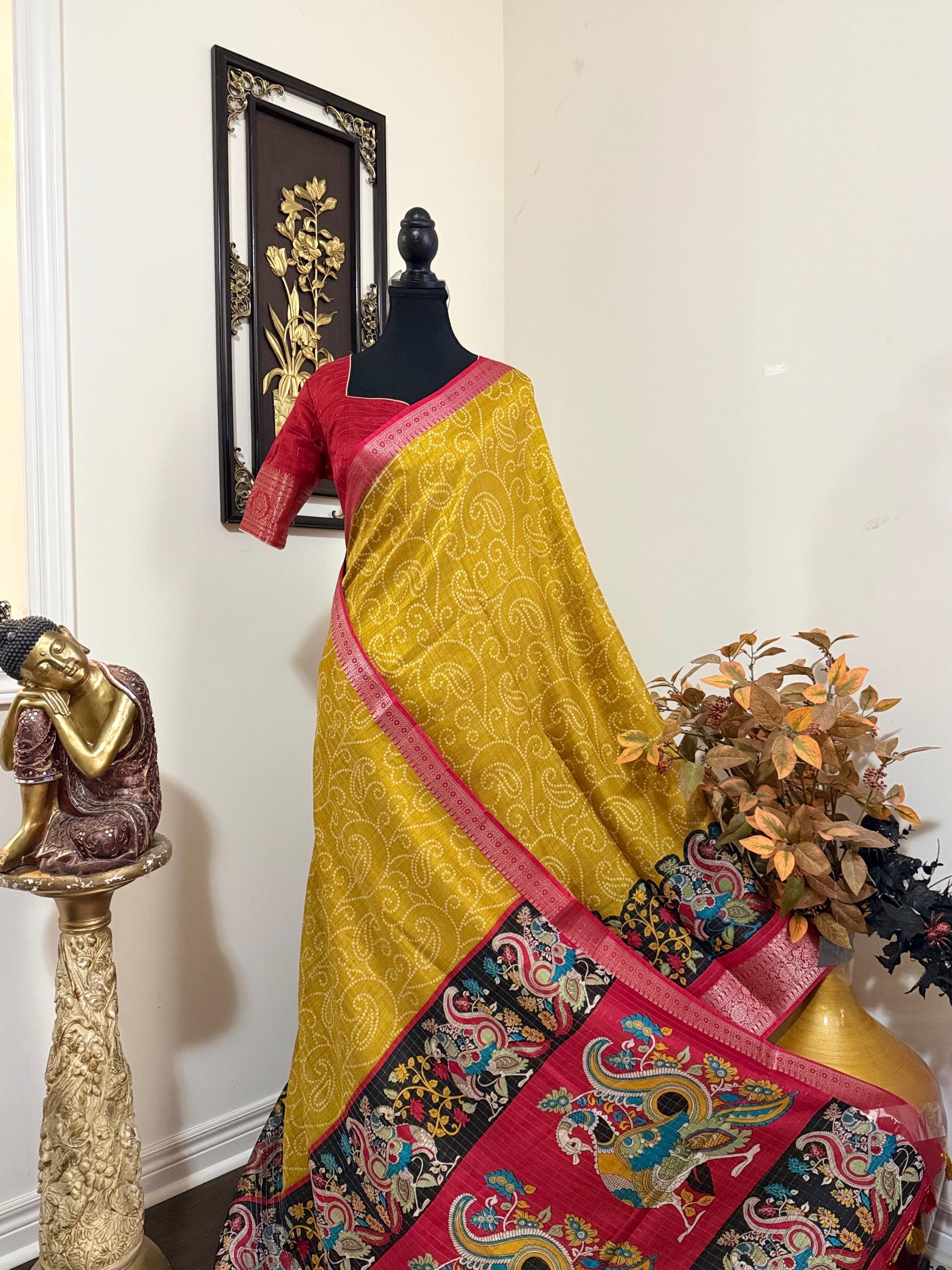 Beautiful Light weight Emarald silk saree  with Kanchi boarder  Bhandini prints ready blouse fits 32 to 46 with beautiful color combo
