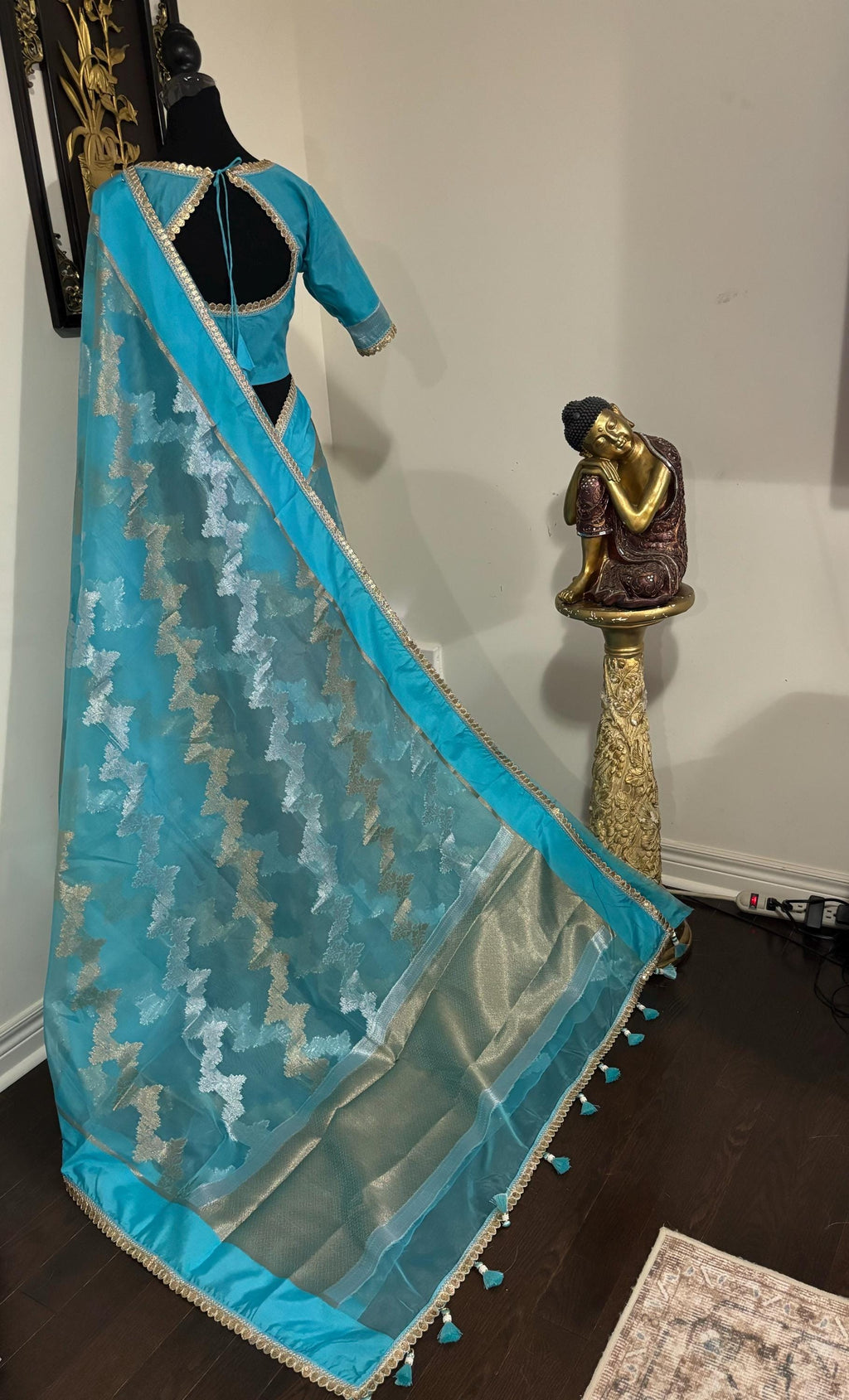 Banarsi fancy beautiful kora organza double zari silk saree very soft ant flowy ready to wear designer blouse fits 32-46  eye cooling shades