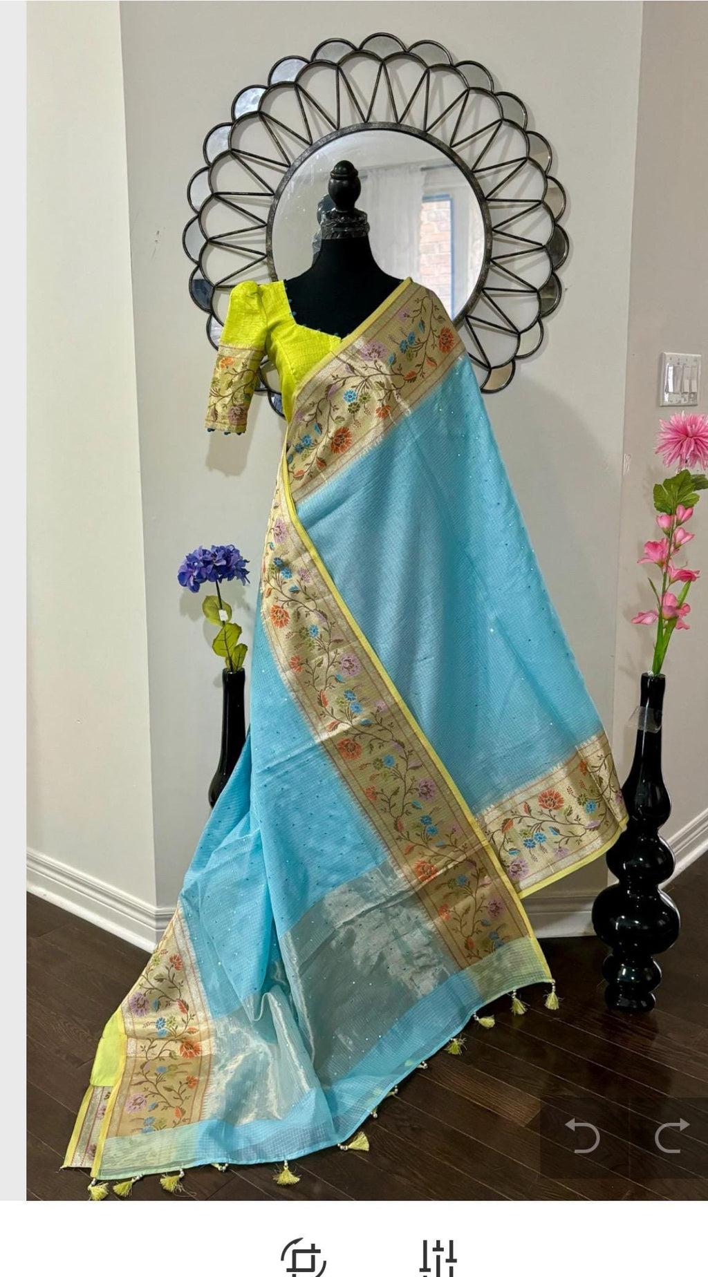 Beautiful Tissue Zari Kota saree with pythani Zari boardes and beautifully done work blouse paired up with pretty blouse fits up to 32 to 46