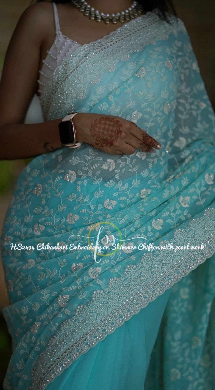 Stunning shimmer georgette saree with Chikenkari work ask seller for availability before placing the order