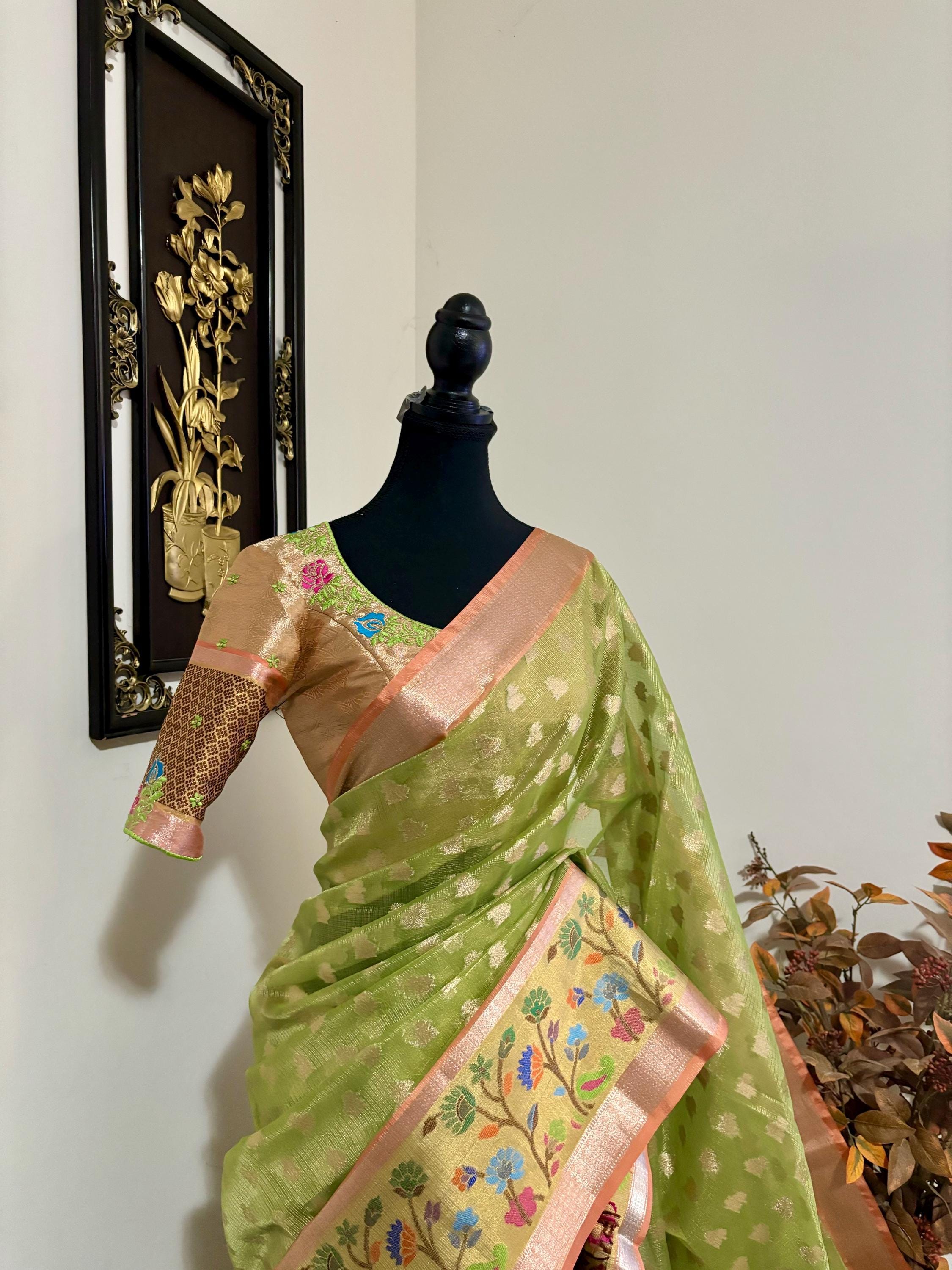 Beautiful Tissue Zari Kota saree with pythani  Zari boardes and beautifully done blouse paired up with pretty blouse fits up to 32 to 46