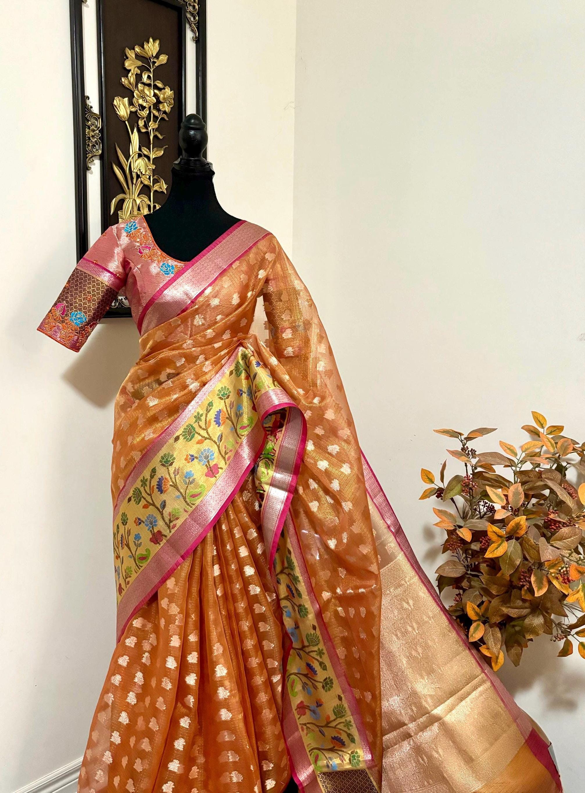 Beautiful Tissue Zari Kota saree with pythani  Zari boardes and beautifully done blouse paired up with pretty blouse fits up to 32 to 46