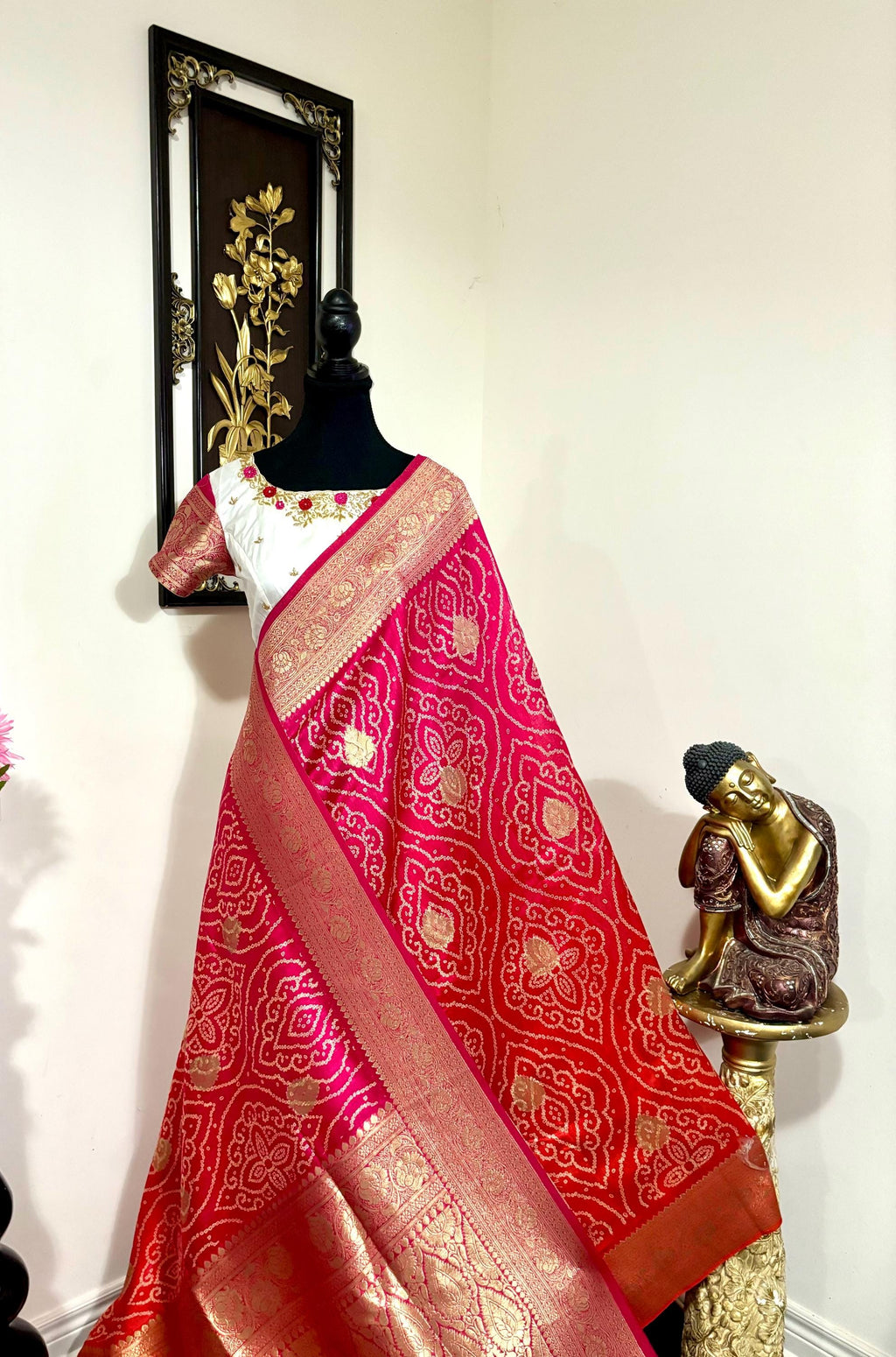 Beautiful cocktail dual shade banarasi  bandhini silk saree paired up pretty maggam blouse fits  sizes 32 -46 ready to wear prettiest blouse