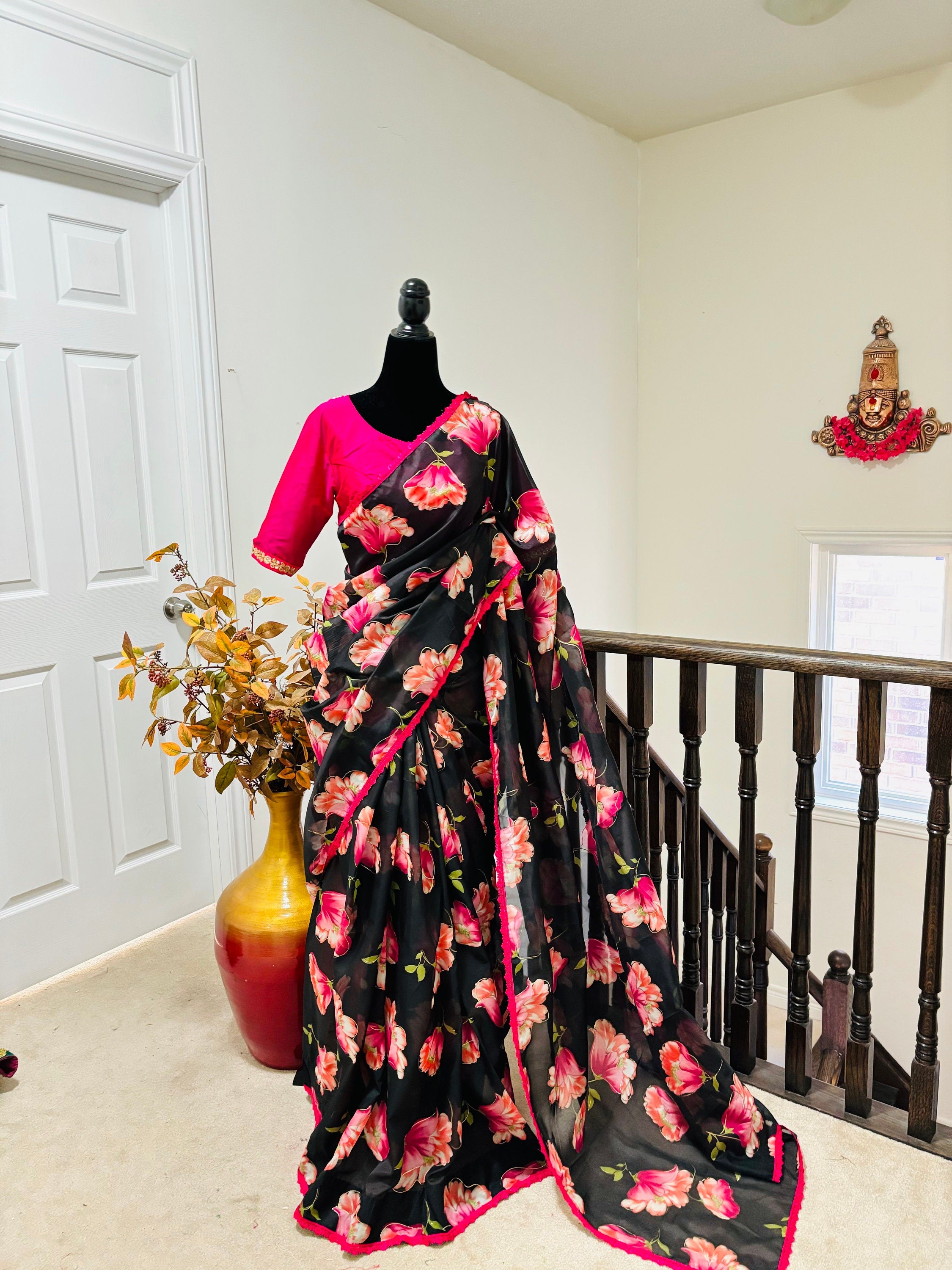 Beautiful Designer floral soft Organza Saree with beautiful lace ready to wear designer blouse fits to 32 to 46