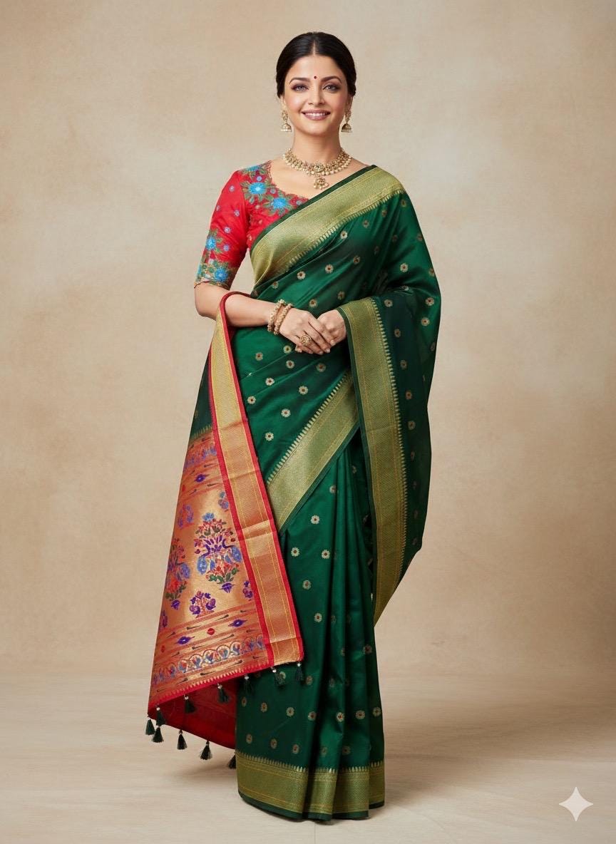 Beautiful pythani pure silk saree with   ready to wear beautiful  work blouse fits up to 32 to 46 Bottle green color, saree is ready to wear