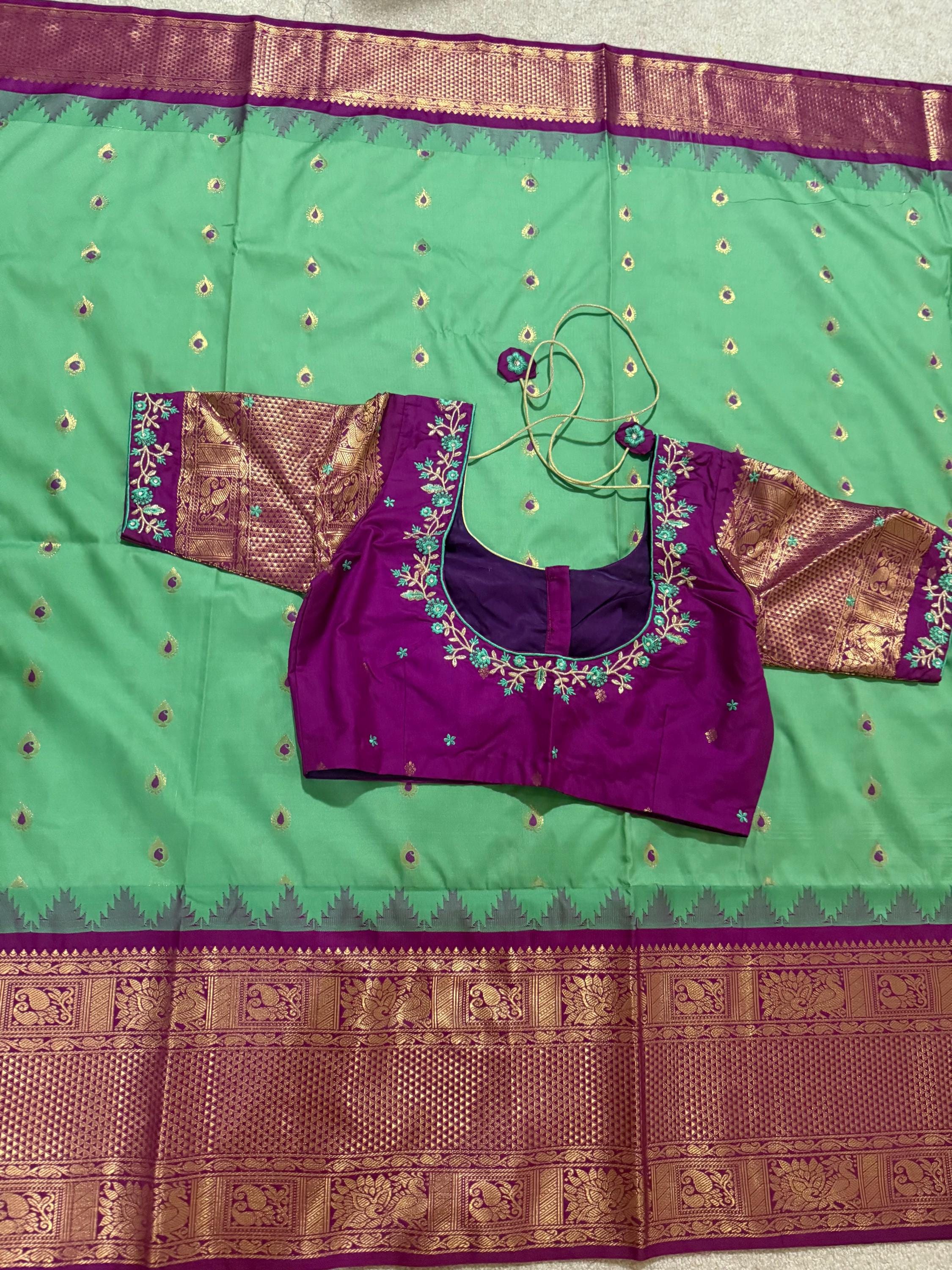 Gadwal Handloom pure silk sarees in rare colors and ready to wear blouse with embroidered blouse fits up to 32 -46 saree is ready fall pico