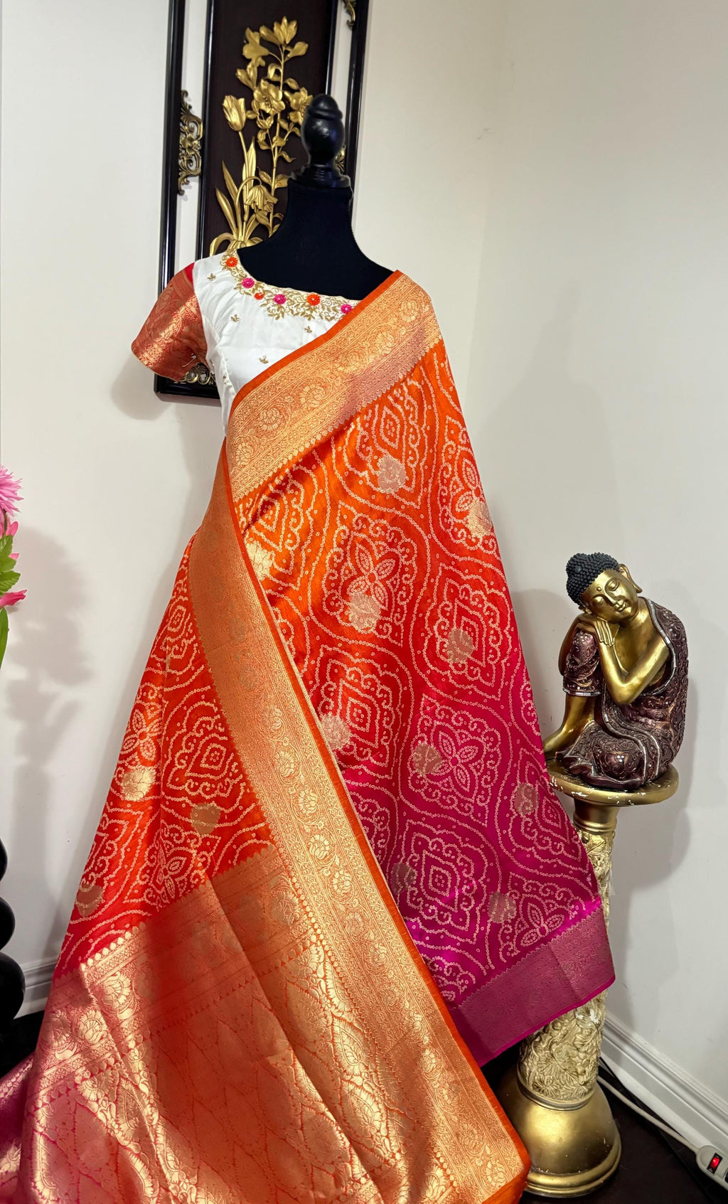 Beautiful cocktail dual shade  bandini silk saree paired up pretty maggam blouse fits  sizes 32 -46 ready to wear prettiest blouse