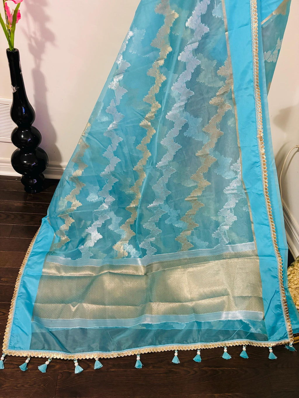 Banarsi fancy beautiful kora organza double zari silk saree very soft ant flowy ready to wear designer blouse fits 32-46  eye cooling shades