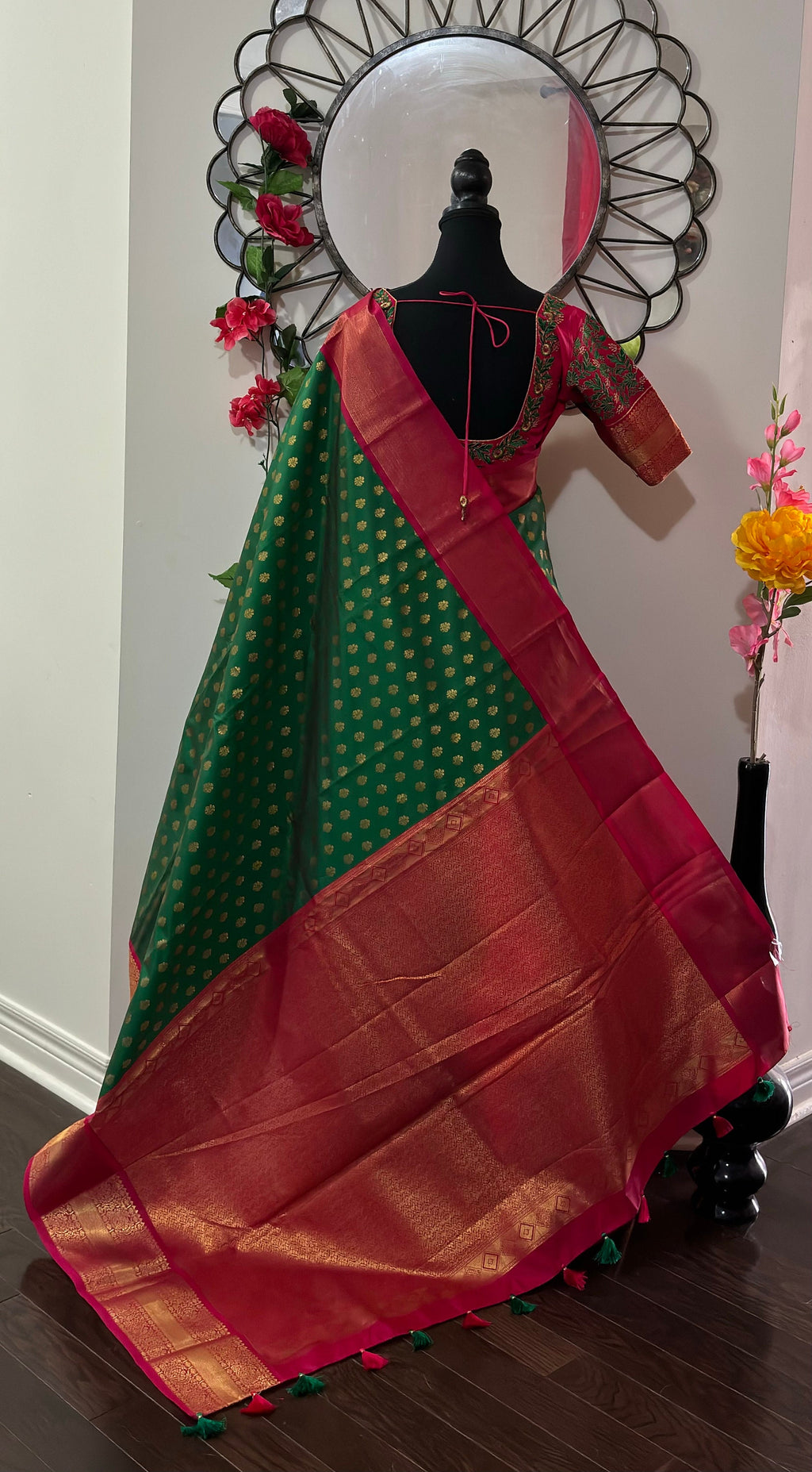 Kanchipuram soft silk saree in rarecolors with beautifully done hand  made embroidered blouse with readytowear work blouse fitsup to32 to 46