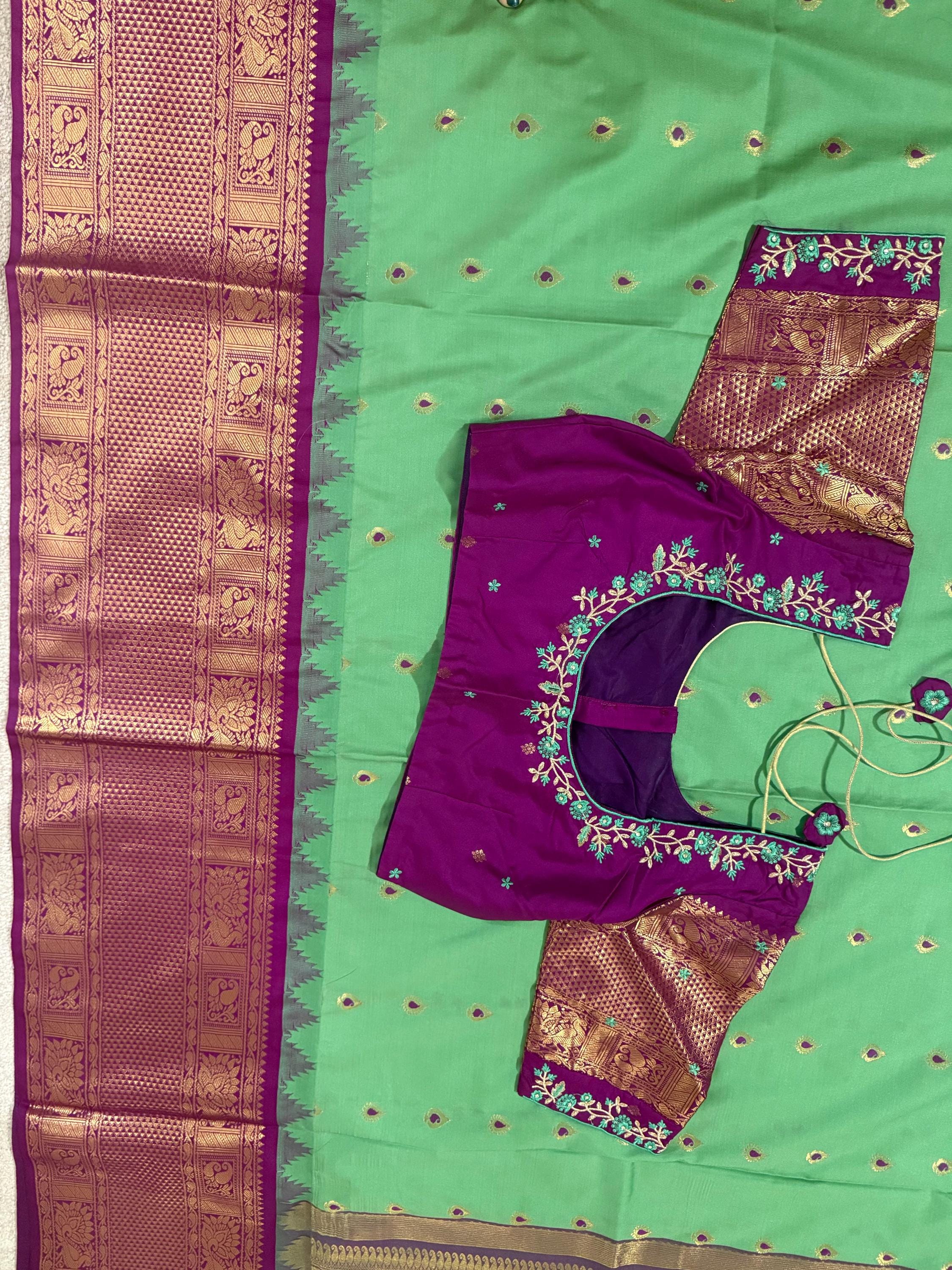 Gadwal Handloom pure silk sarees in rare colors and ready to wear blouse with embroidered blouse fits up to 32 -46 saree is ready fall pico