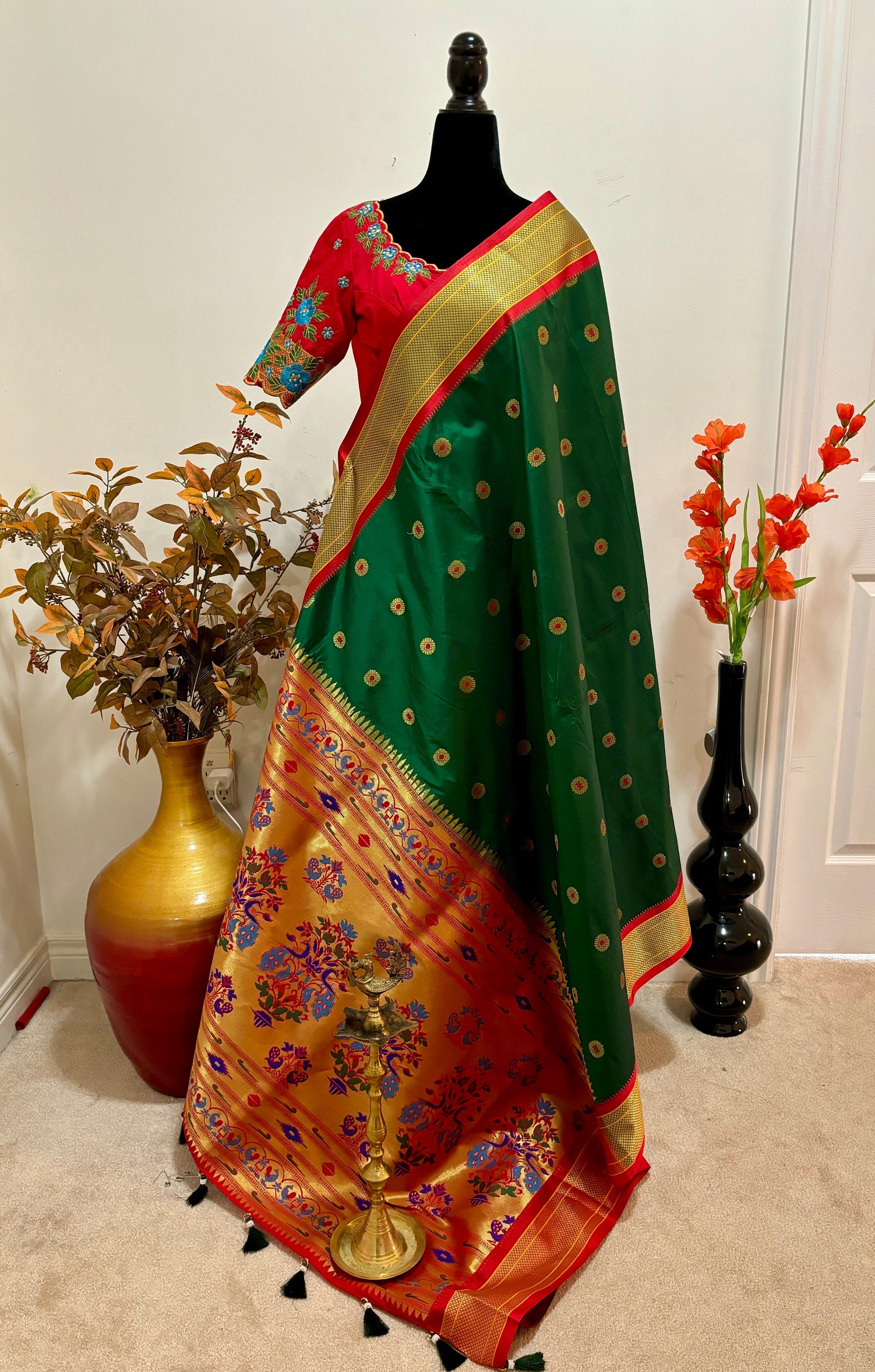 Beautiful pythani pure silk saree with   ready to wear beautiful  work blouse fits up to 32 to 46 Bottle green color, saree is ready to wear