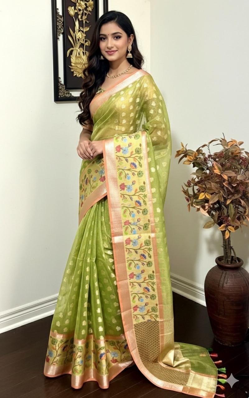 Beautiful Tissue Zari Kota saree with pythani  Zari boardes and beautifully done blouse paired up with pretty blouse fits up to 32 to 46