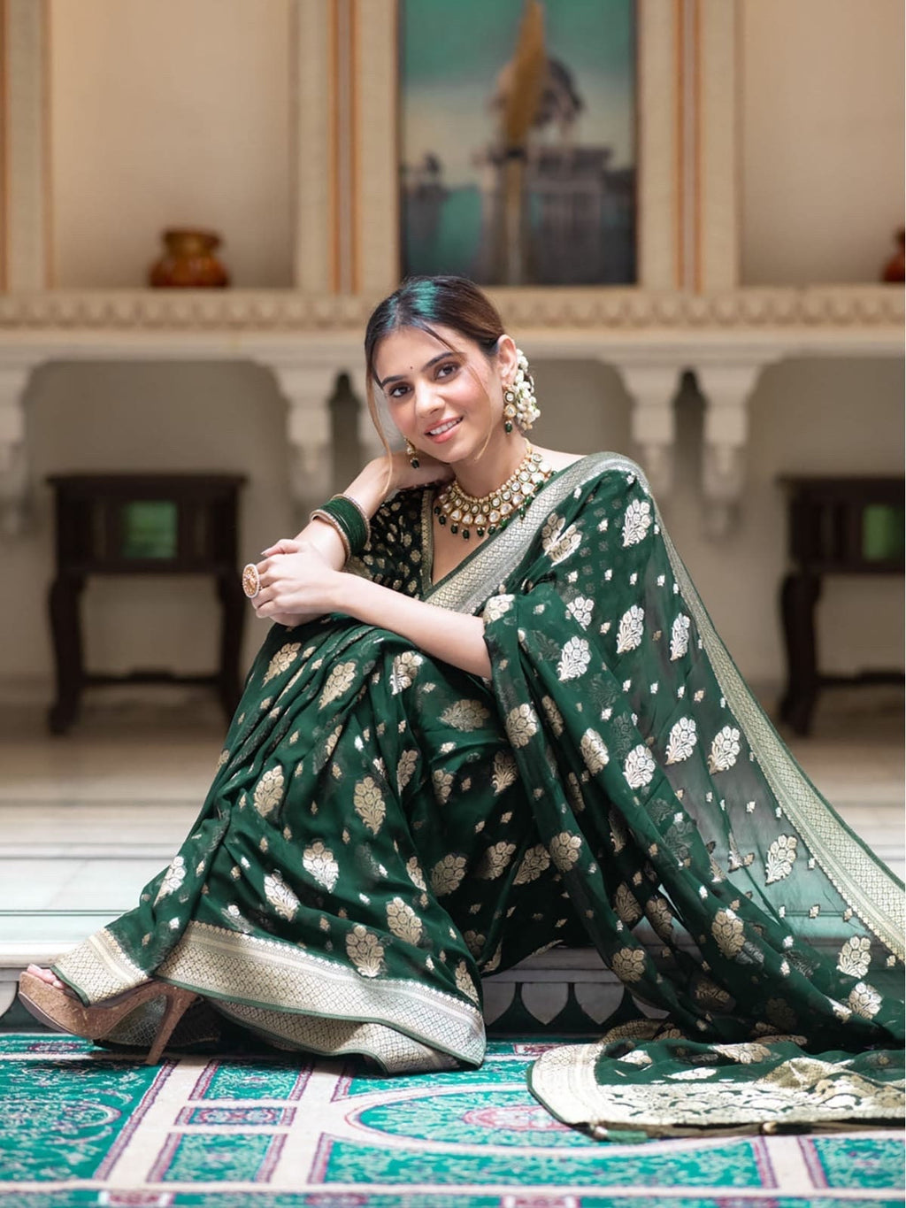 Banarasi handloom khadi georgette soft and falling saree all over beautiful water zari weaving work Any color possible ready to wear blouse