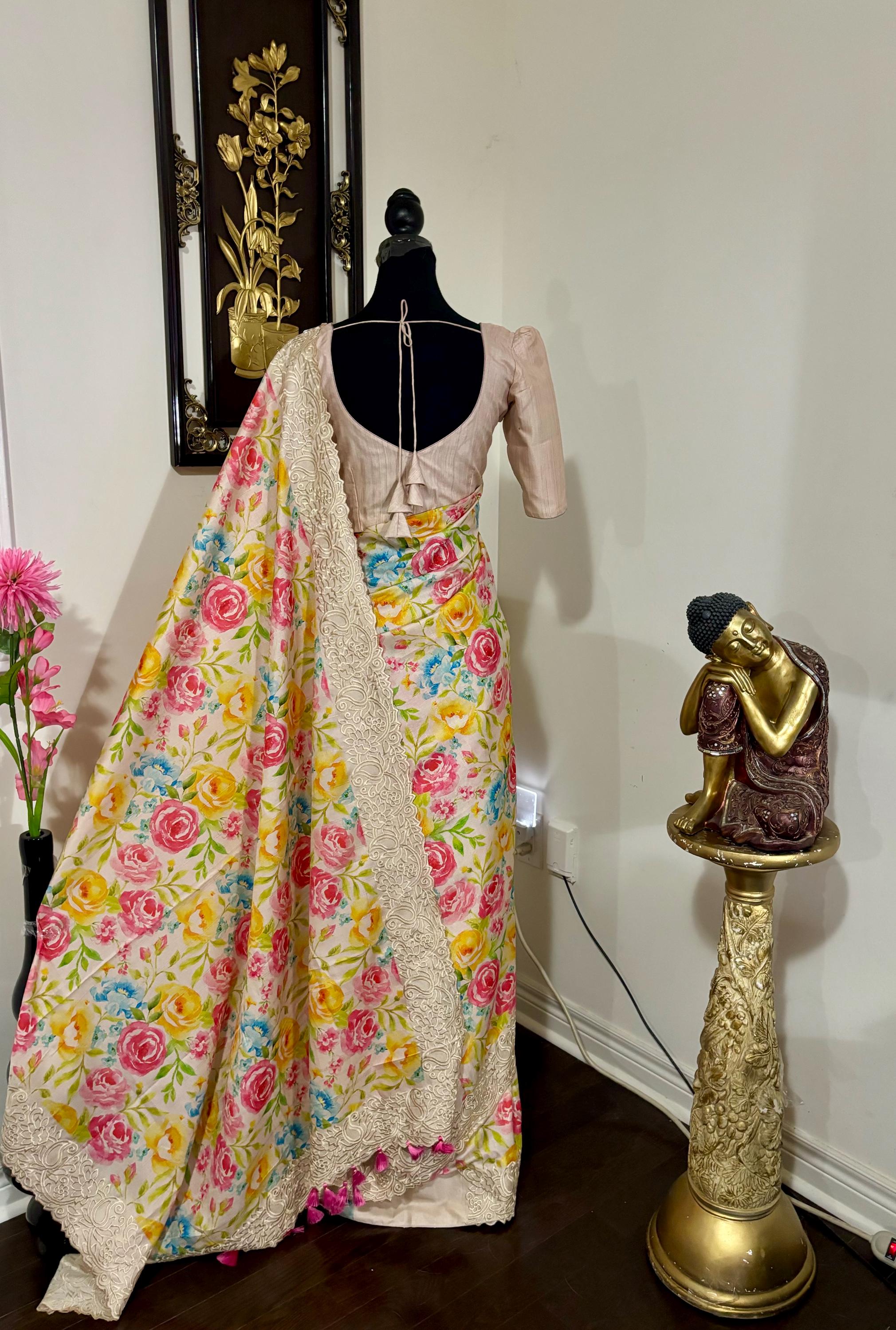 Light weight easy to drape Soft Silk fancy Saree; with beautiful pythani boarder, with Pochampalli design ready to wear Blouse fits 32-46