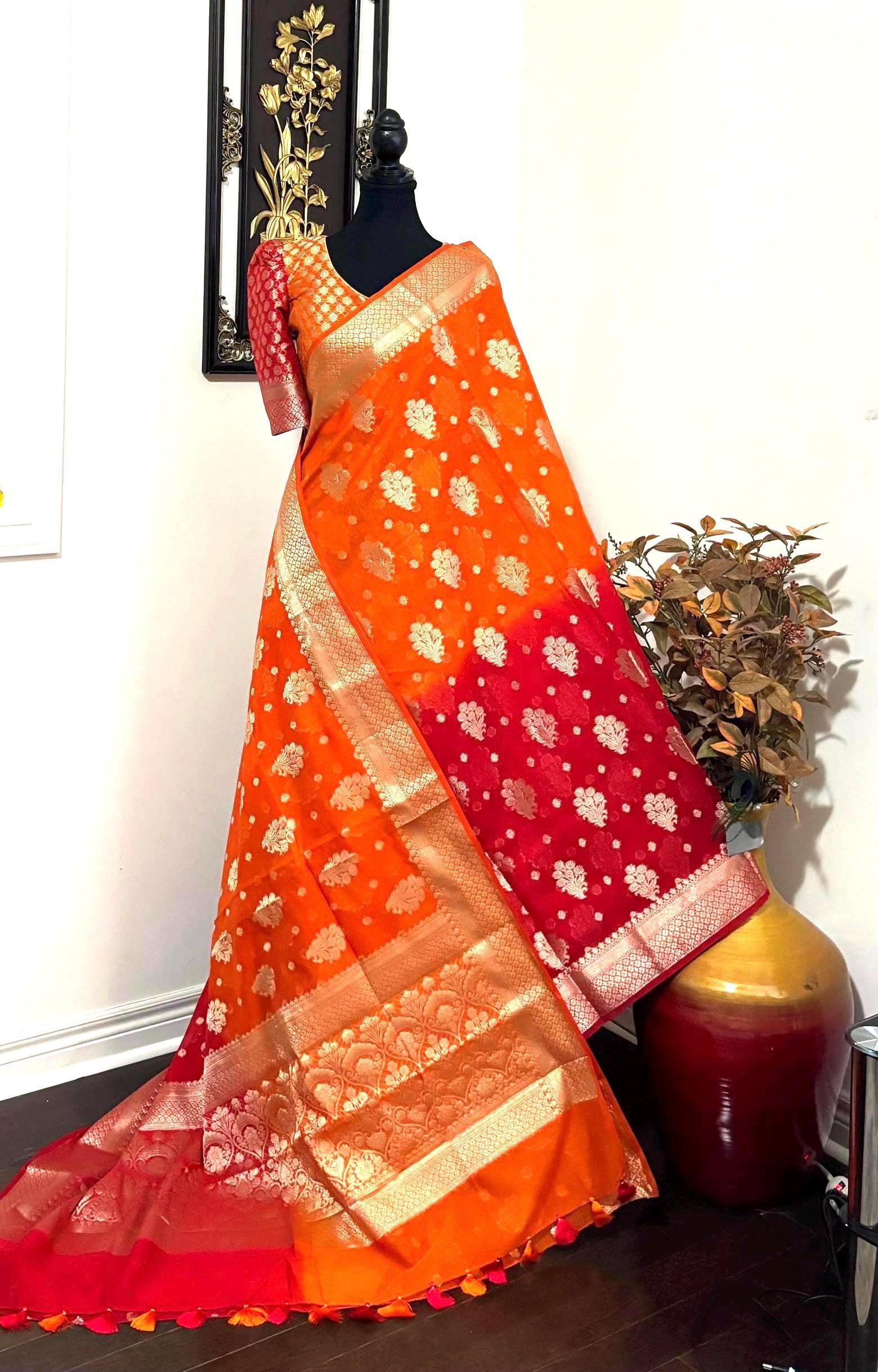 Banarasi dual shade handloom khadi georgette silk saree all over beautiful waterzariweavingbeautifulcombinations,orange and red readyblouse