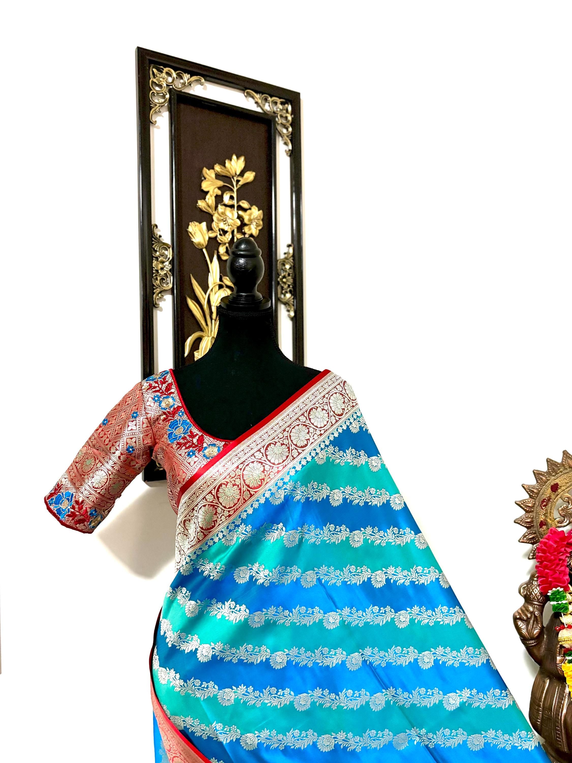 Pure silk  banarasi silk saree paired up with beautiful embroidery blouse fits to 32 to 46 in beautiful rare colors all over jaal. Cocktails