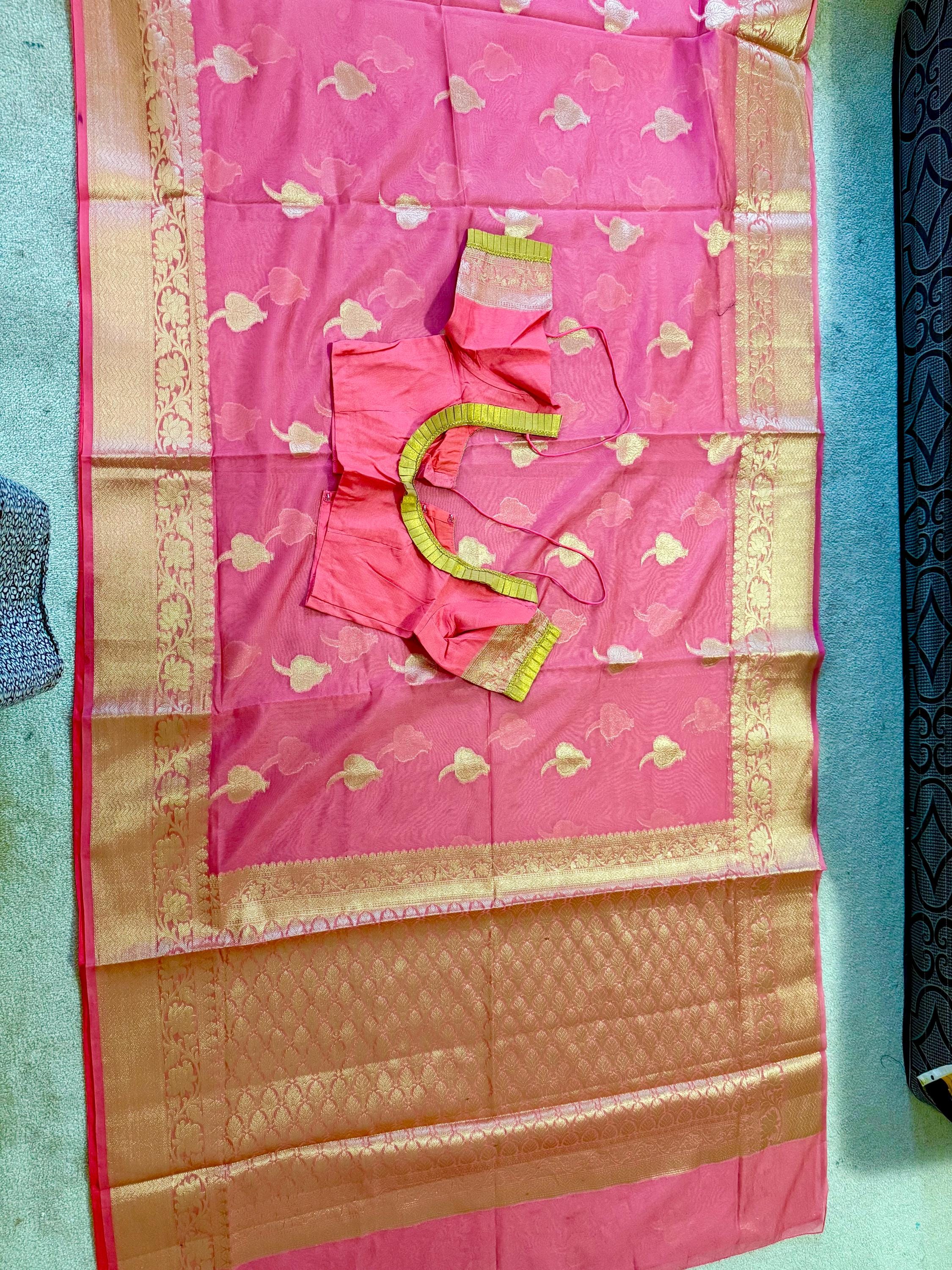Banarsi fancy beautiful kora organza double zari silk saree very soft ant flowy ready to wear designer blouse fits 32-46  eye cooling shades