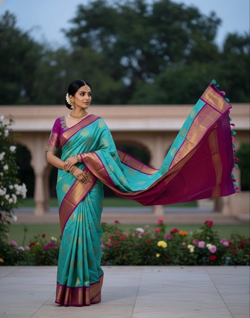 Kanchipuram soft silk saree in rare colors with beautifully done hand  made embroidered blouse with ready to wear work blouse fits 32 to 46